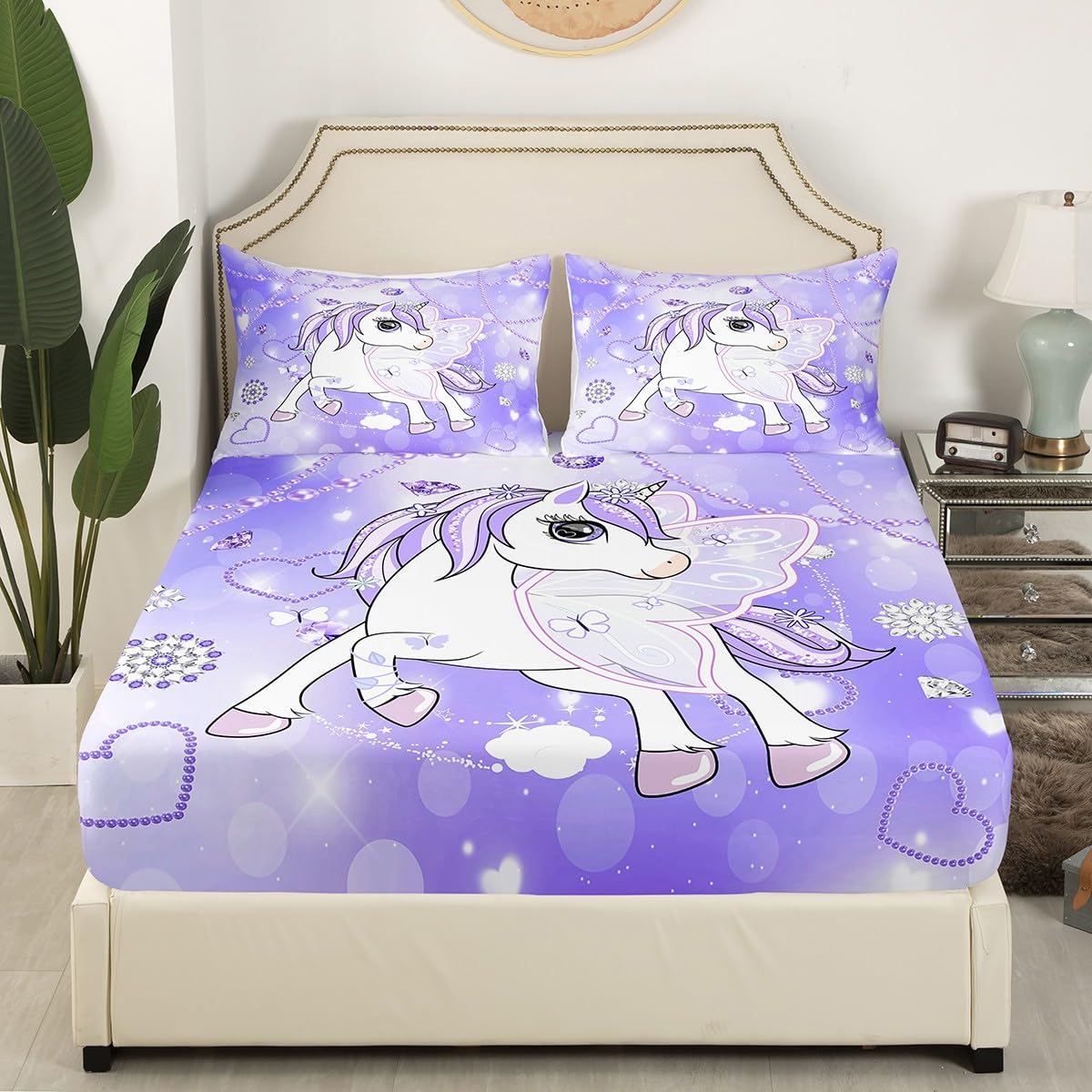 Juego de sábanas de unicornio tamaño King con 2 fundas de almohada, estampado floral, juego de sábanas de unicornio para niñas, juego de ropa de cama de unicornio morado oscuro para niños, niñas y