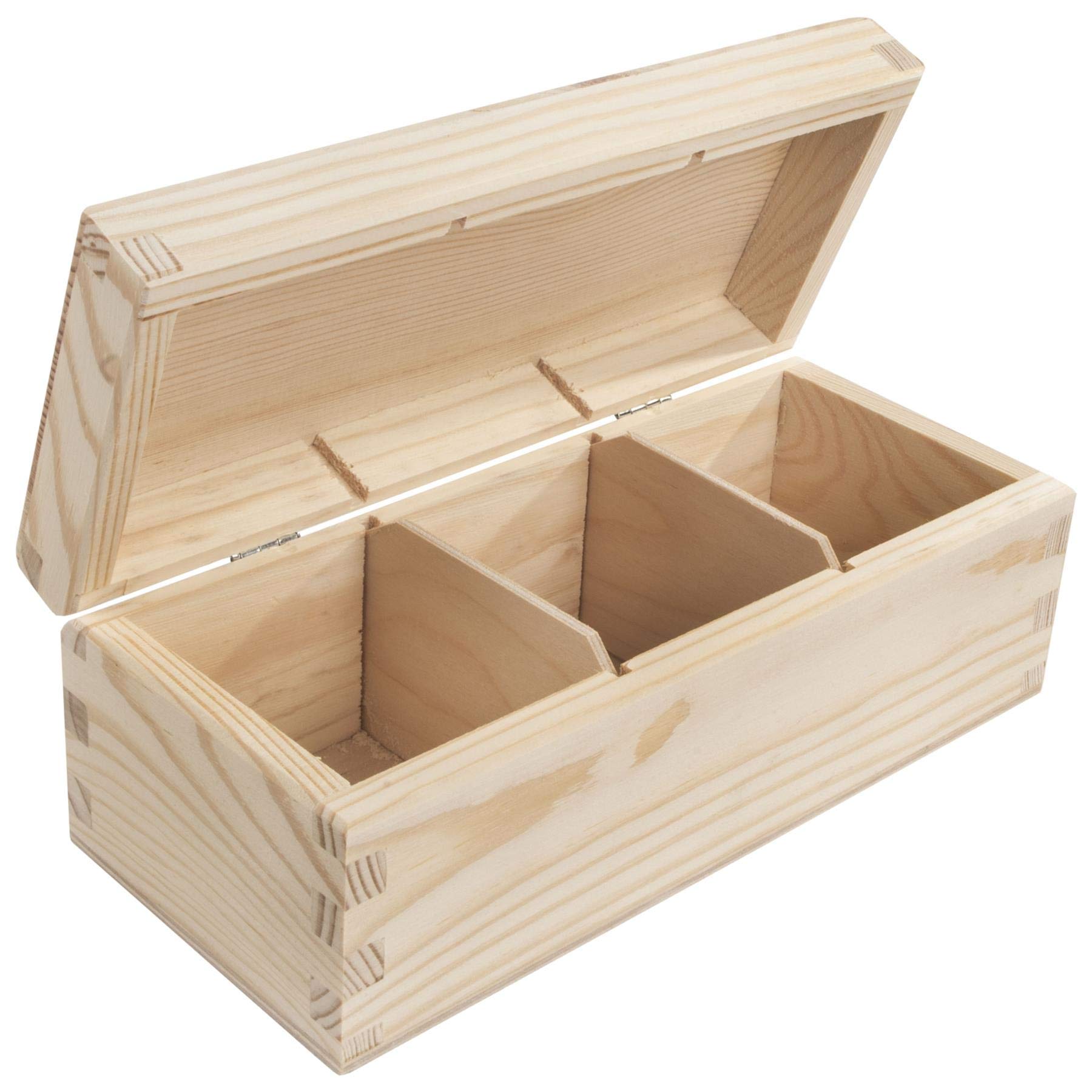 Woodeedoo Small Wooden Storage Box With Rounded Hinged Lid And Three Compartments – Unfinished Pine Organiser For Tea Bags Jewellery Crafts – Customisable Decorative Box – 22 X 9.5 X 8 Cm