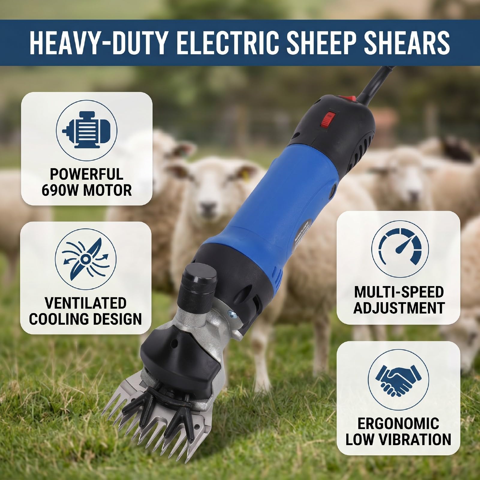 Bewinner Tosatrice per Pecore Resistente da 690 W, Tosatrice Elettrica per Animali per Pelo Spesso, Kit per Toelettatura del Bestiame da Fattoria, Cesoie a Bassa Vibrazione Regolabili a più velocità