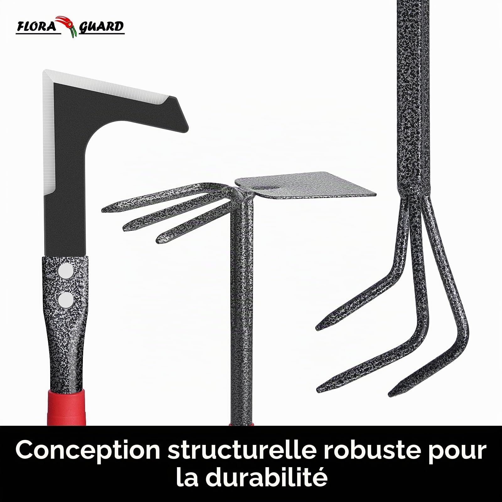 FLORA GUARD Outils de Jardinage 6 Pièces, Kit d'outils de Jardin en Acier Inoxydable avec Houe 2-en-1, Treulle, Râteaux, Couteau Désherbeur, Finition Martelée, pour Taille et Entretien