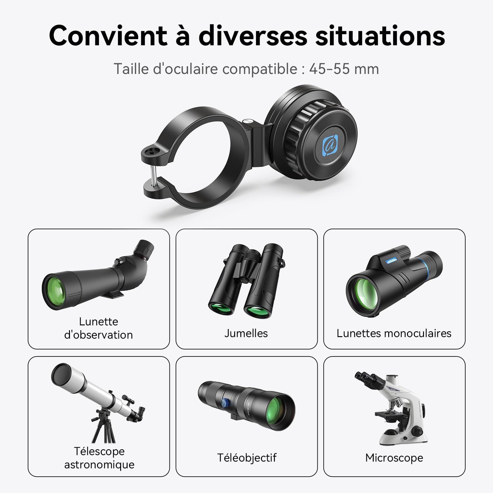 APEXEL Adaptateur Universel magnétique pour téléphone Portable pour Jumelles, monoculaires, Observation des Oiseaux et microscopes - Adaptateur oculaire de 45 à 55 mm - Compatible avec Tous Les