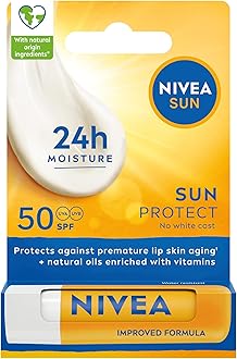 NIVEA SUN Protect Caring Lip Balm SPF50 (4.8g), Factor 50 Balm with Shea Butter, Protection Against UVA/UVB Rays with 24H Moisture, Lip Care, No White Cast