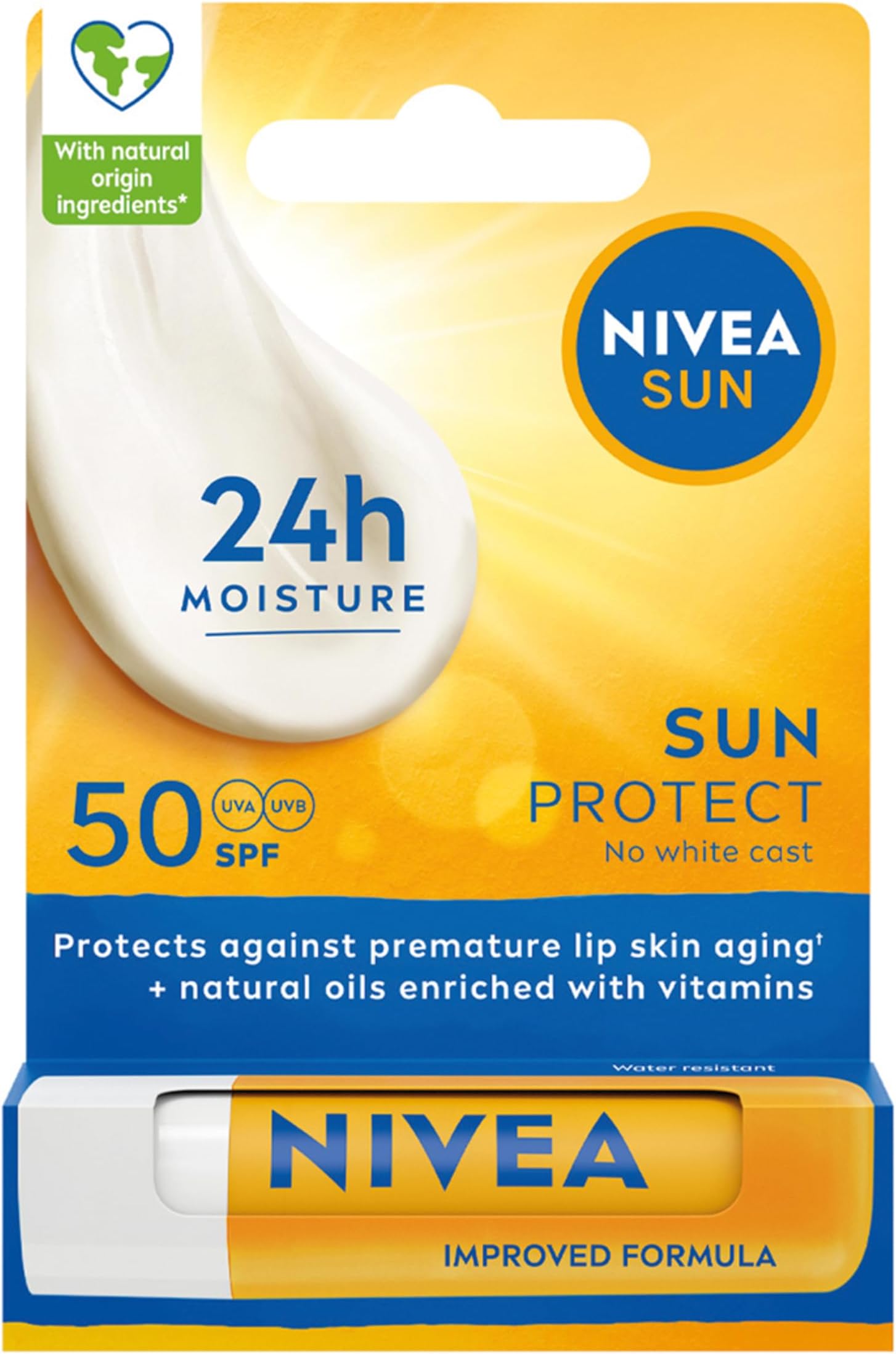 NIVEA SUN Protect Caring Lip Balm SPF50 (4.8g), Factor 50 Balm with Shea Butter, Protection Against UVA/UVB Rays with 24H Moisture, Lip Care, No White Cast