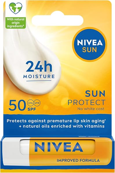 NIVEA SUN Protect Caring Lip Balm SPF50 (4.8g), Factor 50 Balm with Shea Butter, Protection Against UVA/UVB Rays with 24H Moisture, Lip Care, No White Cast - 1