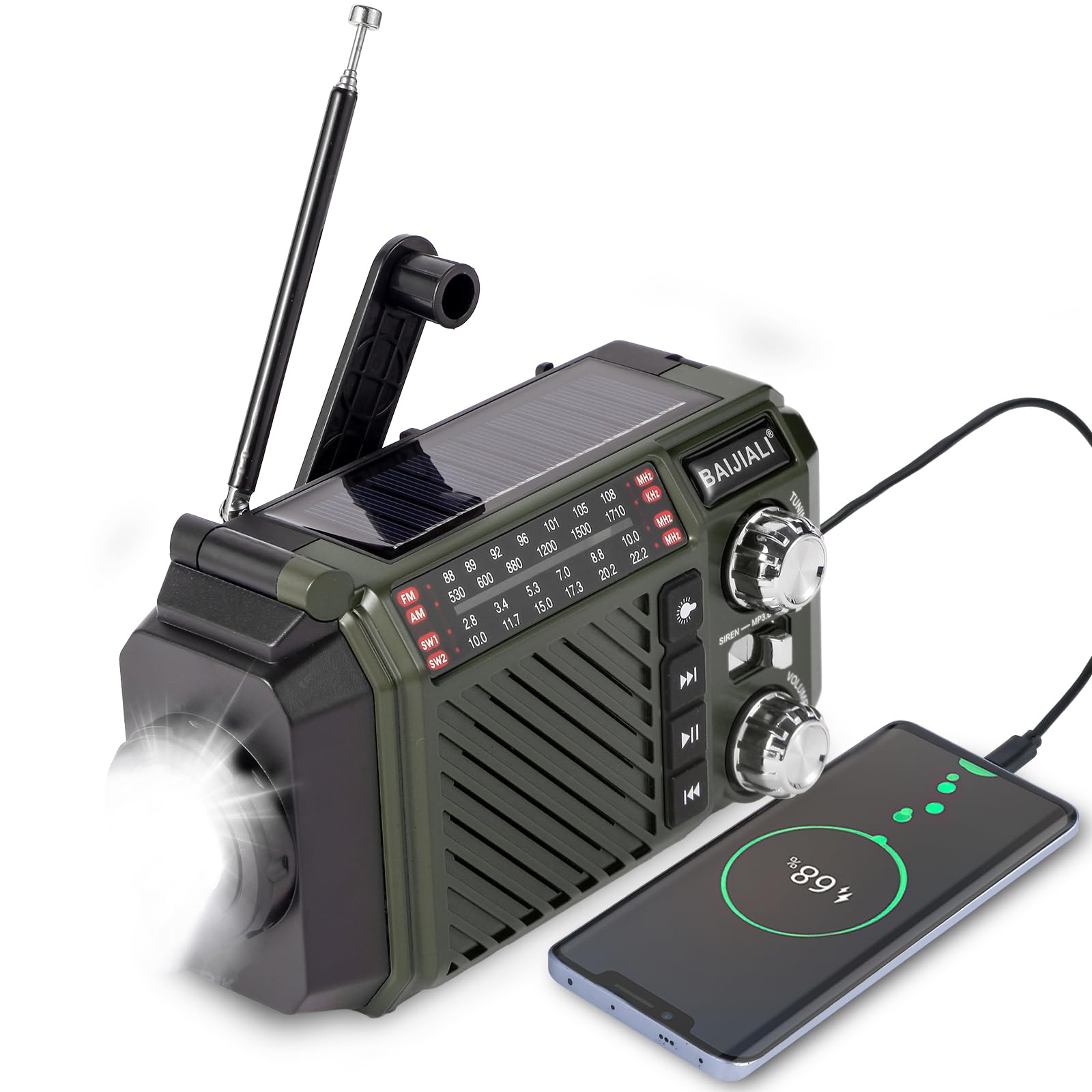 Emergency Radio with Solar, Hand Crank & USB-C Charging - 2600mAh Battery-Powered Portable Radio for FM/AM/SW Reception, Torch & SOS Alarm - Black (Wind Up, Rechargeable, Battery Operated) — view 8