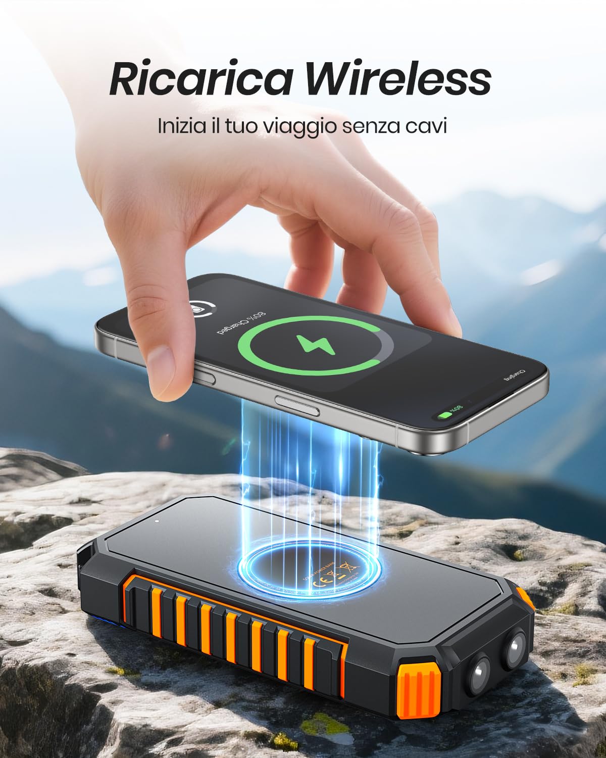 A ADDTOP Caricatore Solare Power Bank Wireless 26800mAh - USB C PD QC 3.0 Caricatore Portatile con 4 Uscita & Doppia Torcia, 15W Ricarica Rapida, Batteria Esterna per Smartphone, Tablets e Campeggio