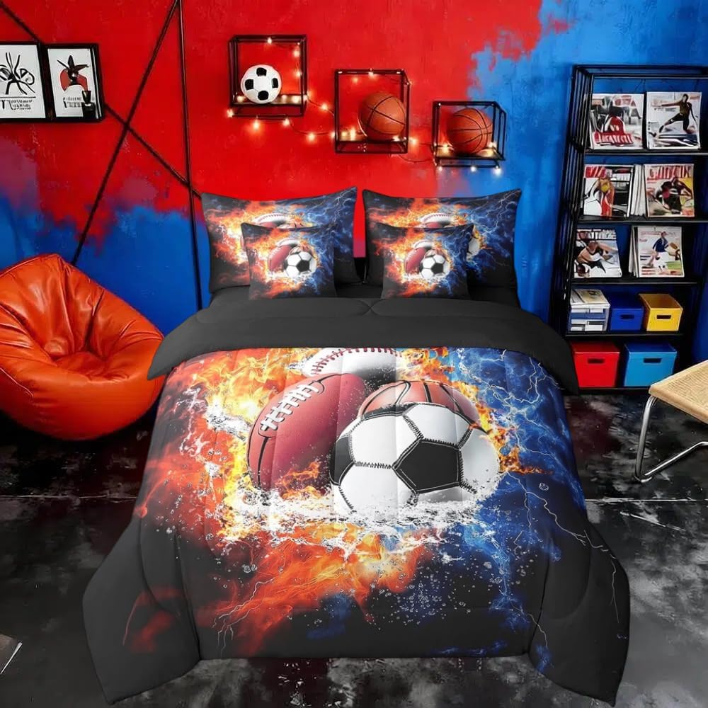Feelyou Sports Comforter Set with Sheets Full Size Football Baseball Bed in a Bag Set Ball Games 7 Pieces Bedding Set Ultra Soft Bed Set Room Decor with 3D Soccer, Basketball Design