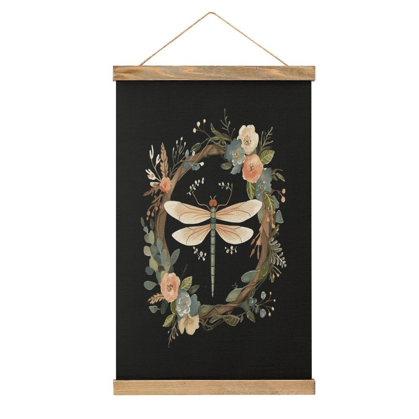 JTREHY Image of Dragonfly in Wreath Linen Hanging Painting Vintage Poster Wall Art Prints Personality Style Wall Hanging Poster for Living Room Office Bedroom Decor Frame 13.2 X 20.47 Inch