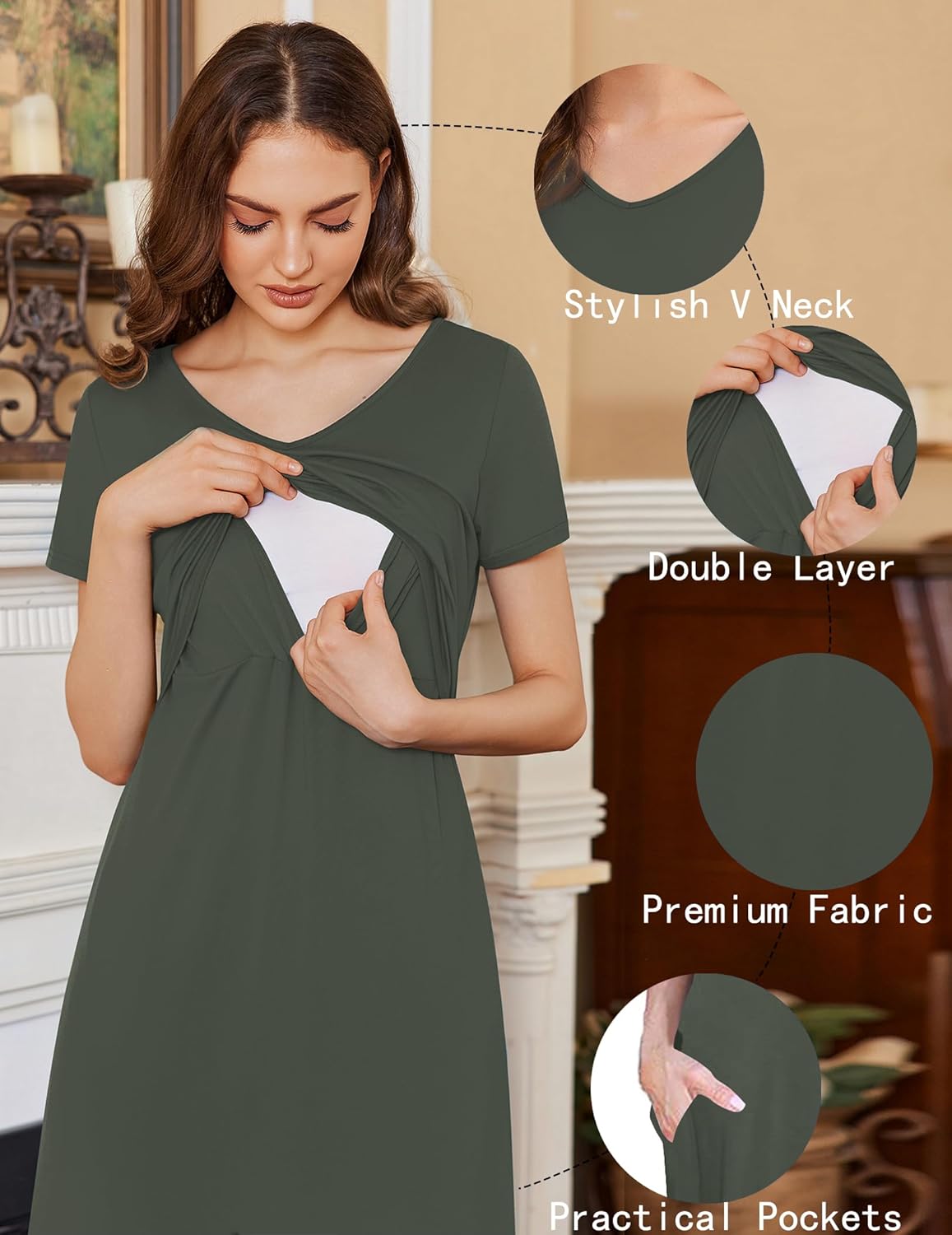 Ekouaer Women's Nursing Dress Summer V Neck Short Sleeve Maternity Split Long Dresses for Breastfeeding with Pockets S-XXL - Image 4