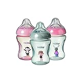 Nuby Anti Colic Baby Bottle Set &ndash; Slow Flow Easy Latch Teats | 240ml / 8oz | Includes Matching Dummy | Dishwasher Safe (Pink, Set of 3)