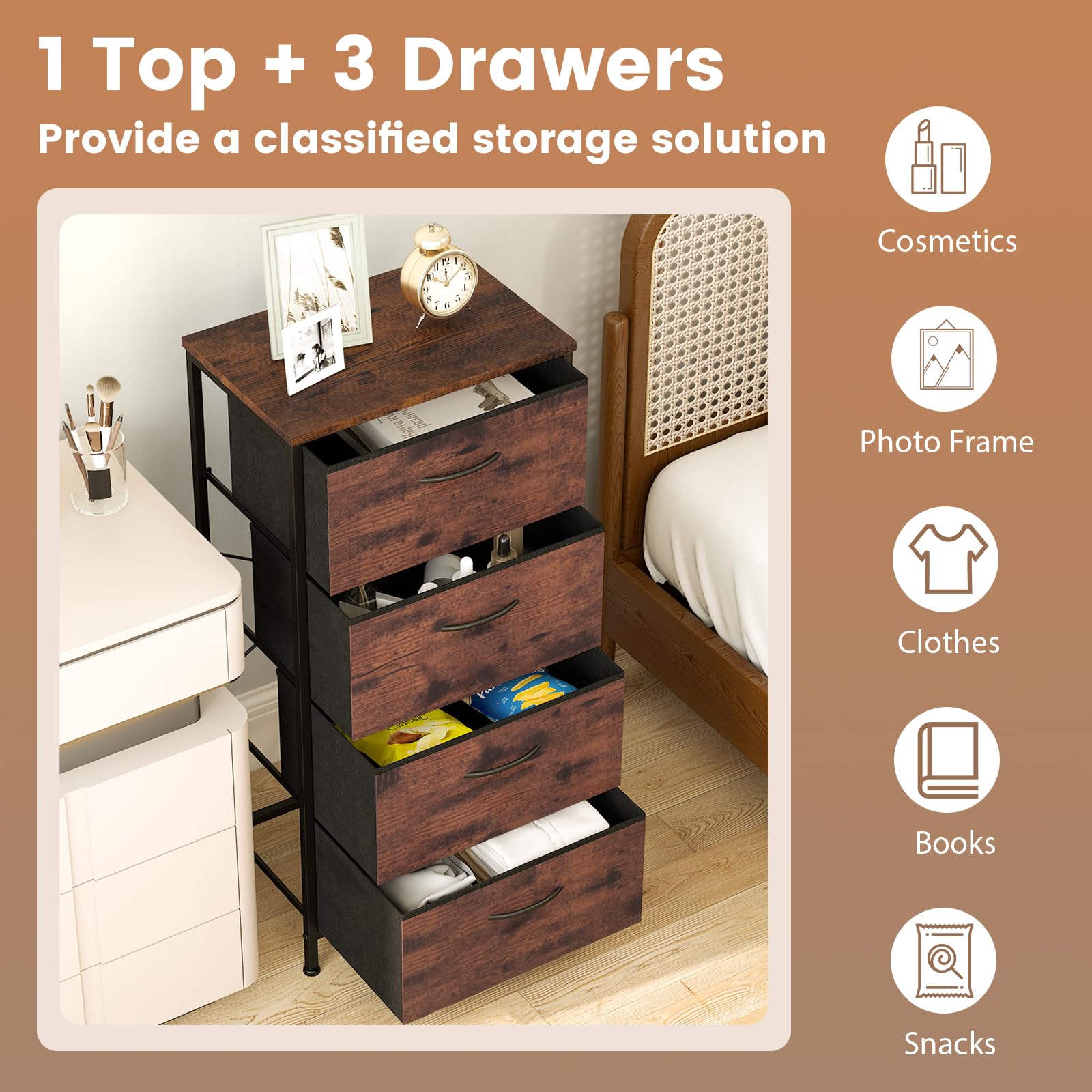 FANTASK Kommode Stoffschubladen, Schubladenschrank mit Holzplatte Metallrahmen platzsparend, Sideboard Aufbewahrungsschrank 4 Fächer für Flur Wohnzimmer, 45 x 30 x 95 cm, Braun