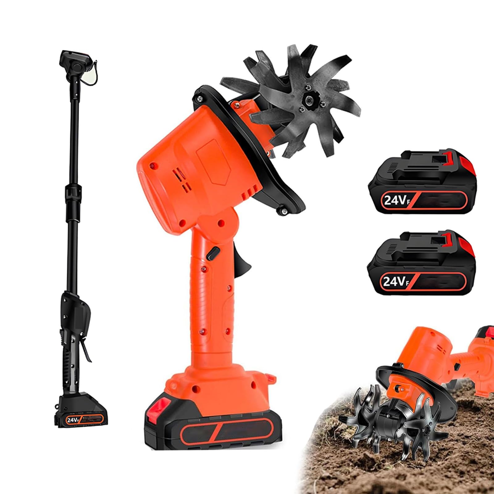 Zappatrice a Batteria 24V, Motocoltivatore Elettrico con Asta Estensibile – Rotavatore a Batteria con 4 Lame, 235 giri, 2 Batterie 10cm Larghezza/Profondità – Motozappa per Orto e Giardino