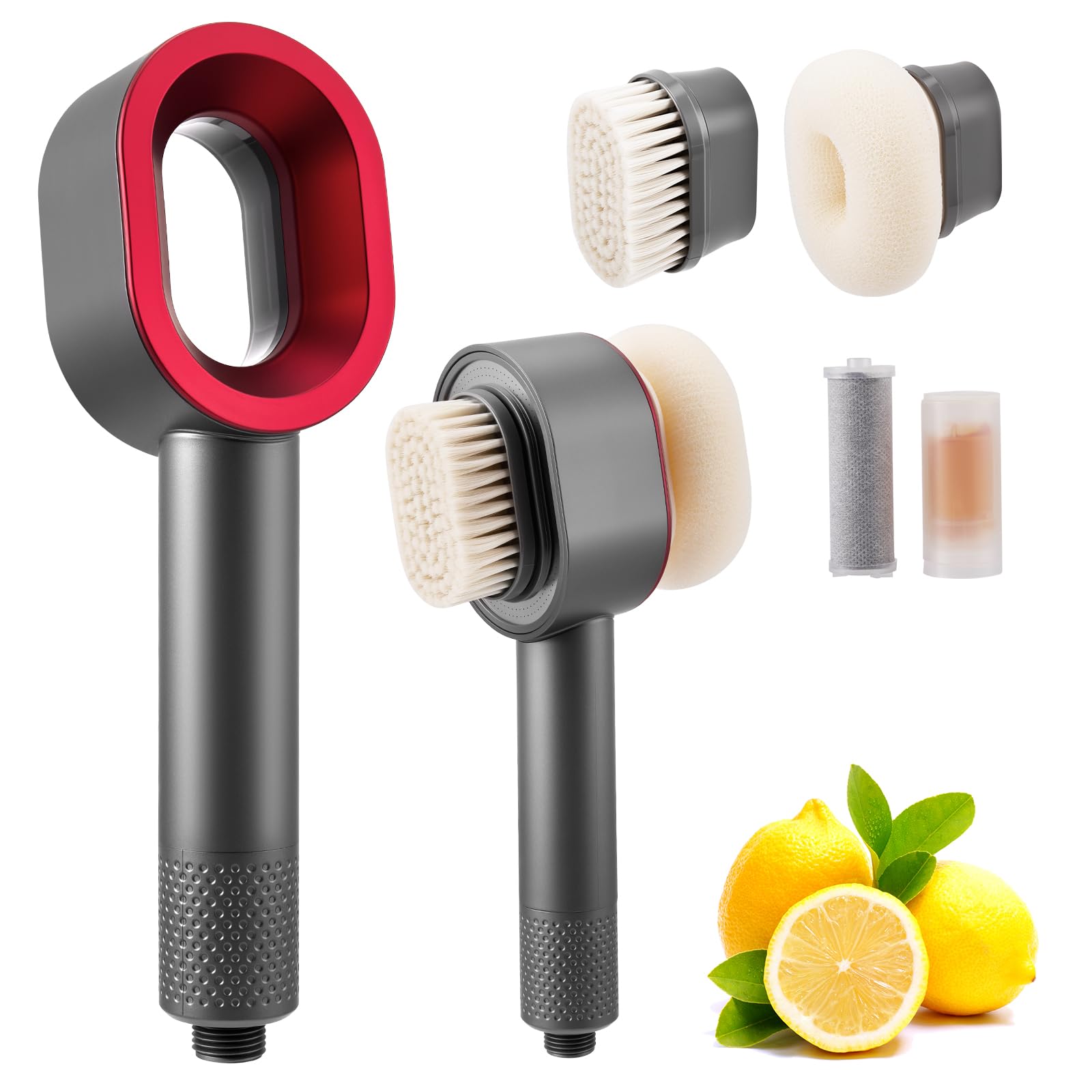 Filtersonic - Alcachofa de ducha 3 en 1 con 2 cepillos de limpieza magnéticos y filtro de carbón activo de carbono, elimina el cloro, la cal, las bacterias y los metales pesados (gris)
