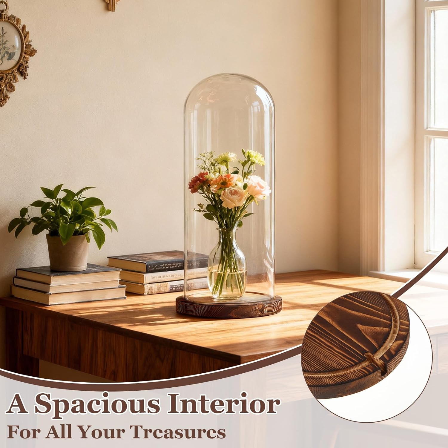 16 Inch Glass Dome Cloche Display with Wood Base, Clear Tall Glass Dome, the Bell Jar Clear Cloche for Plants, Curios, Keepsakes, Heirlooms