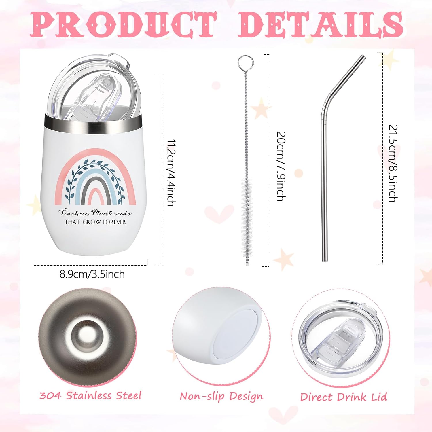 Sieral 6 Pcs Bulk Teacher Appreciation Gift Teacher Christmas Thanksgiving Gifts Stainless Steel Tumbler with Lid and Straw 12 oz Rainbow Insulated Coffee Tumbler Cup Travel Mug for Women Birthday - Image 2