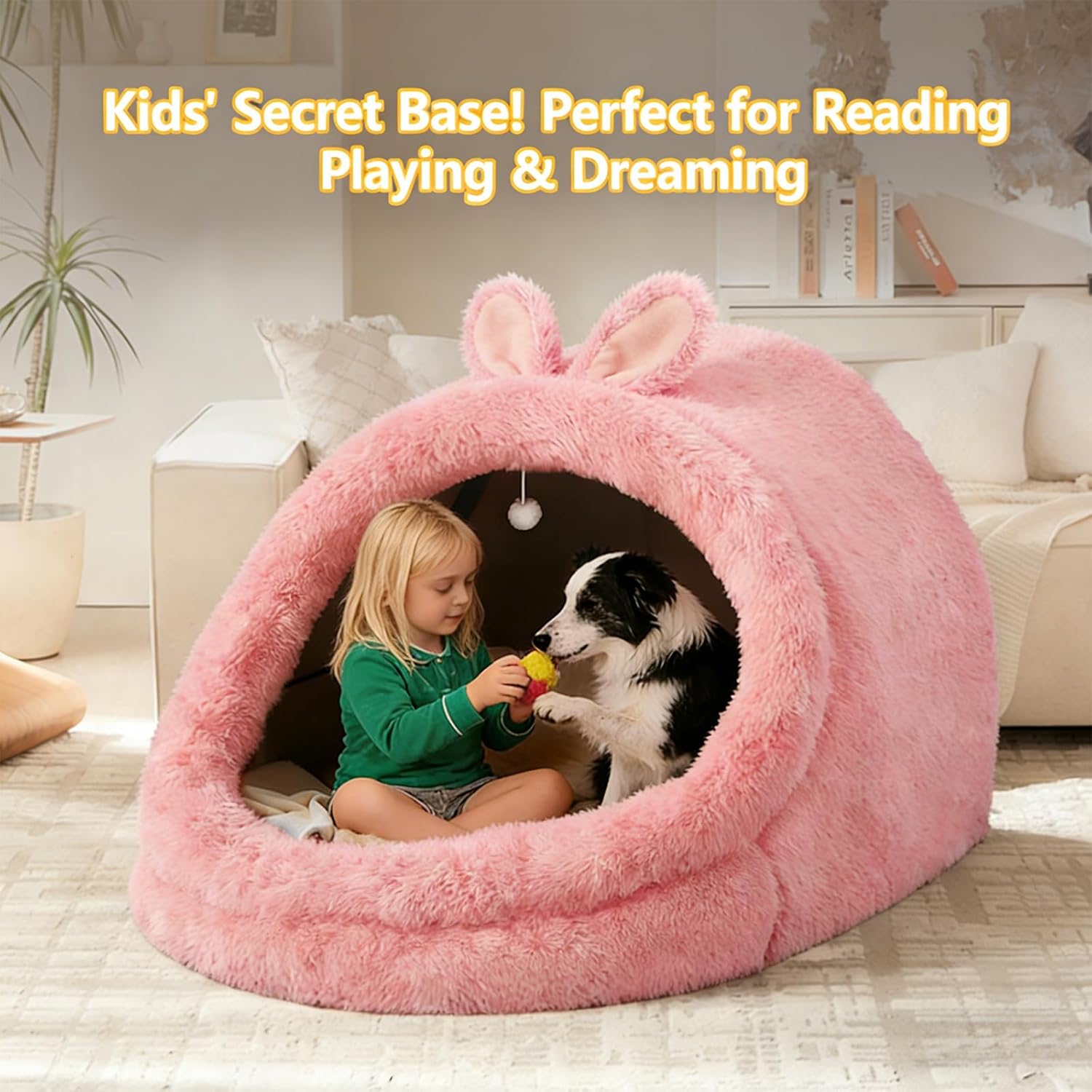 Human Dog Bed for Adults, Extra Large XXL Dog Bed for Humans, Cats & Pets, Giant Human Size Dog Bed with Removable Pillow & Blanket, Machine Washable, Cute Bunny Ear Design, 55"x43"x35", Pink