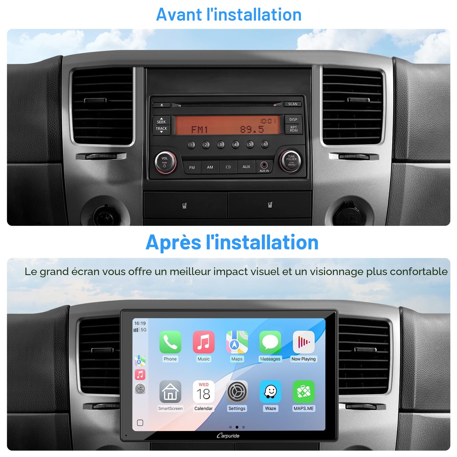 Carpuride YT09S 2-DIN Autoradio avec CarPlay et Android Auto sans Fil | Écran Tactile IPS HD de 9 pouces avec Navigation GPS, Mirror Link, Commande Vocale, Cam de Recul, Bluetooth, USB,FM et SWC