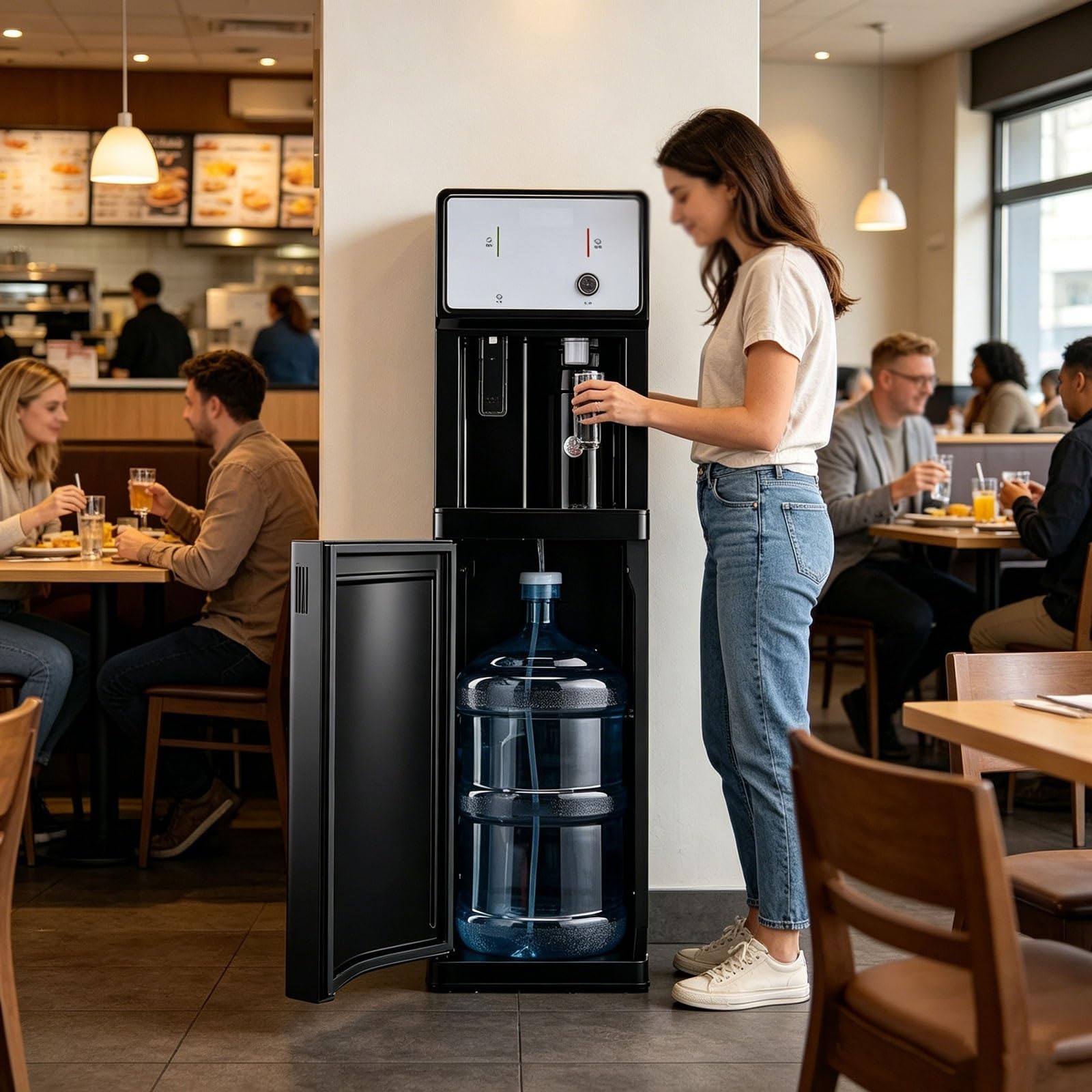 Distributore d'acqua a caricamento automatico, refrigeratore d'acqua a pavimento con uscite for acqua calda, a temperatura ambiente e fredda for bottiglie da 3 o 5 galloni.