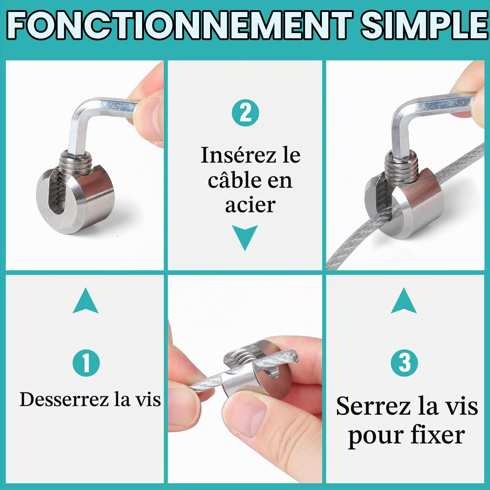 10PCS Serre Cable Acier Inoxydable 4 mm M8, Serre-Câbles Inox avec Hexagone Vis Clé, Clip de Serrage Corde pour Câble Métallique, Tendeur de Corde à Linge, Tendeur Cable