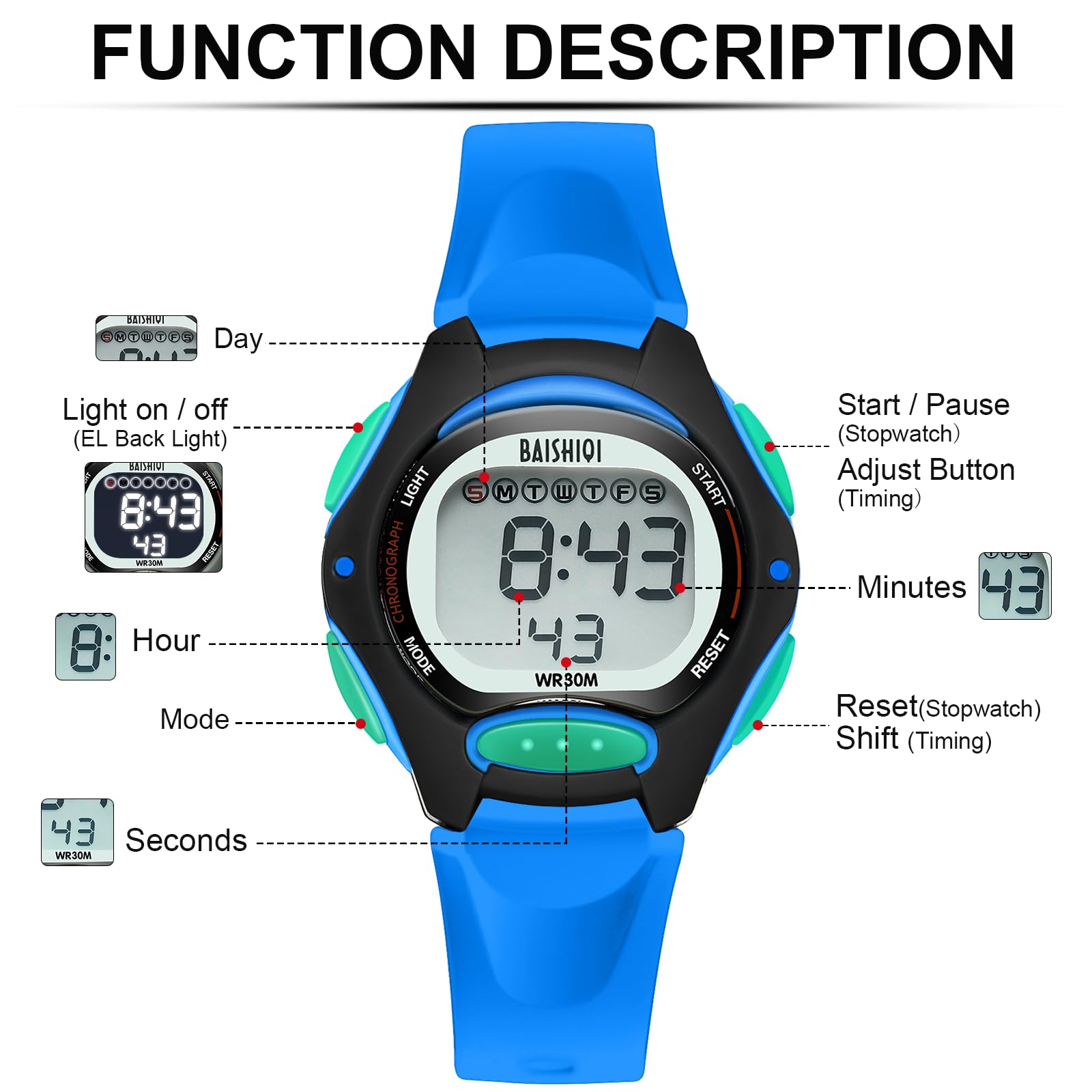 Relojes Digital Niños Niñas Impermeables Multifuncionales Relojes para Niños Deportes Reloj de Pulsera de Banda Suave para Niños con EL Retroiluminación/Alarma/Fecha/CronóMetro