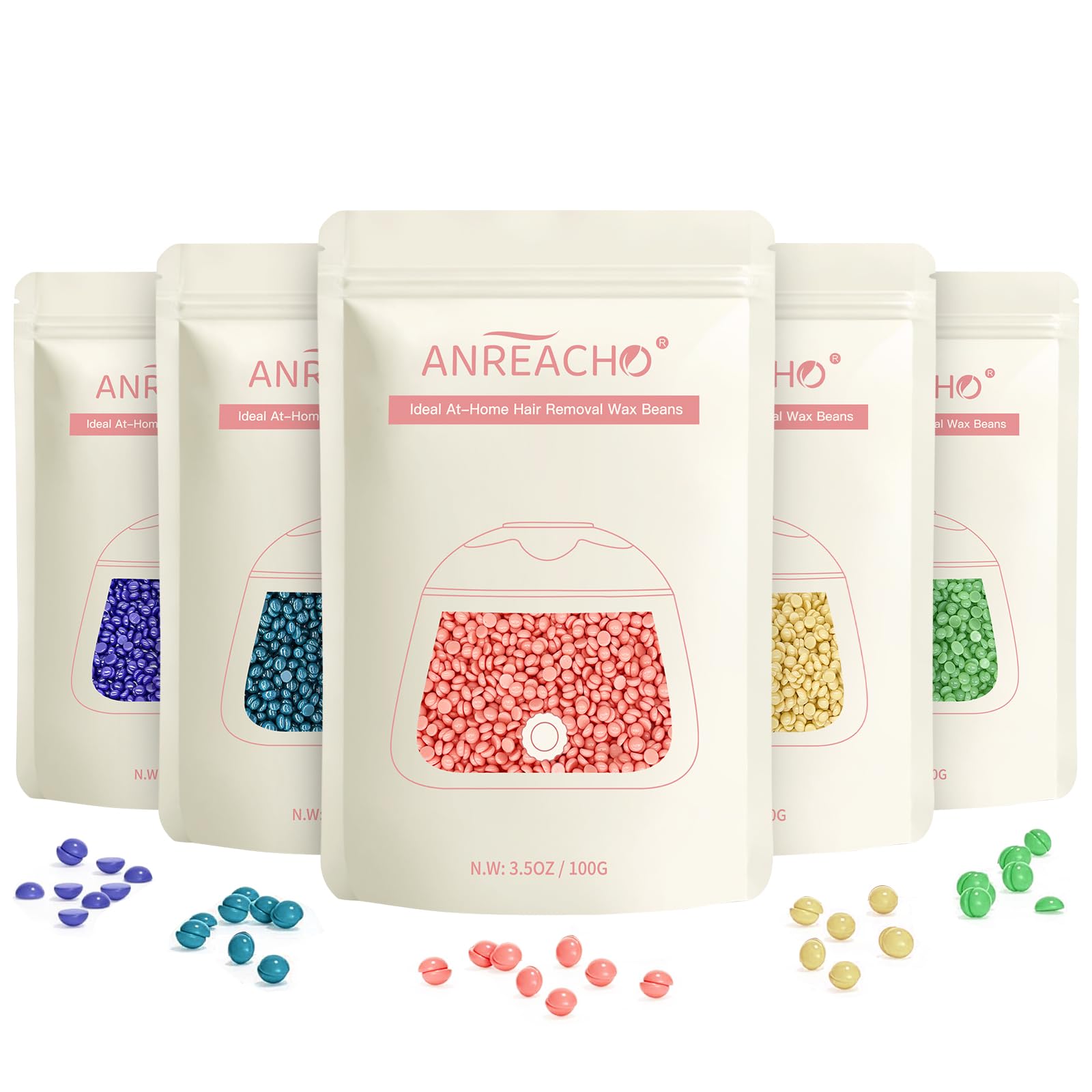 Wax Beads, Anreacho 1.1 lb Hard Wax Beans for Hair Removal, Brazilian, Bikini, Face, Eyebrows, Underarms, Chest, Back, Legs, Wax Refill for Women & Men, Pack of 5