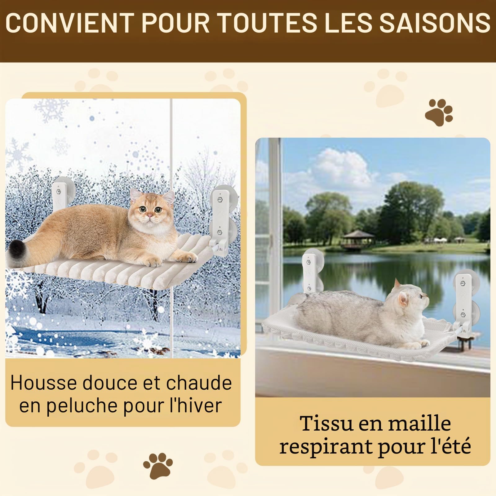 Hamac Chat Fenêtre avec Coussin Lavable, Lit de fenêtre pour Chat avec 4 ventouses, Cadre setal Robuste pour fenêtres en Verre et Murs intérieurs, Blanc