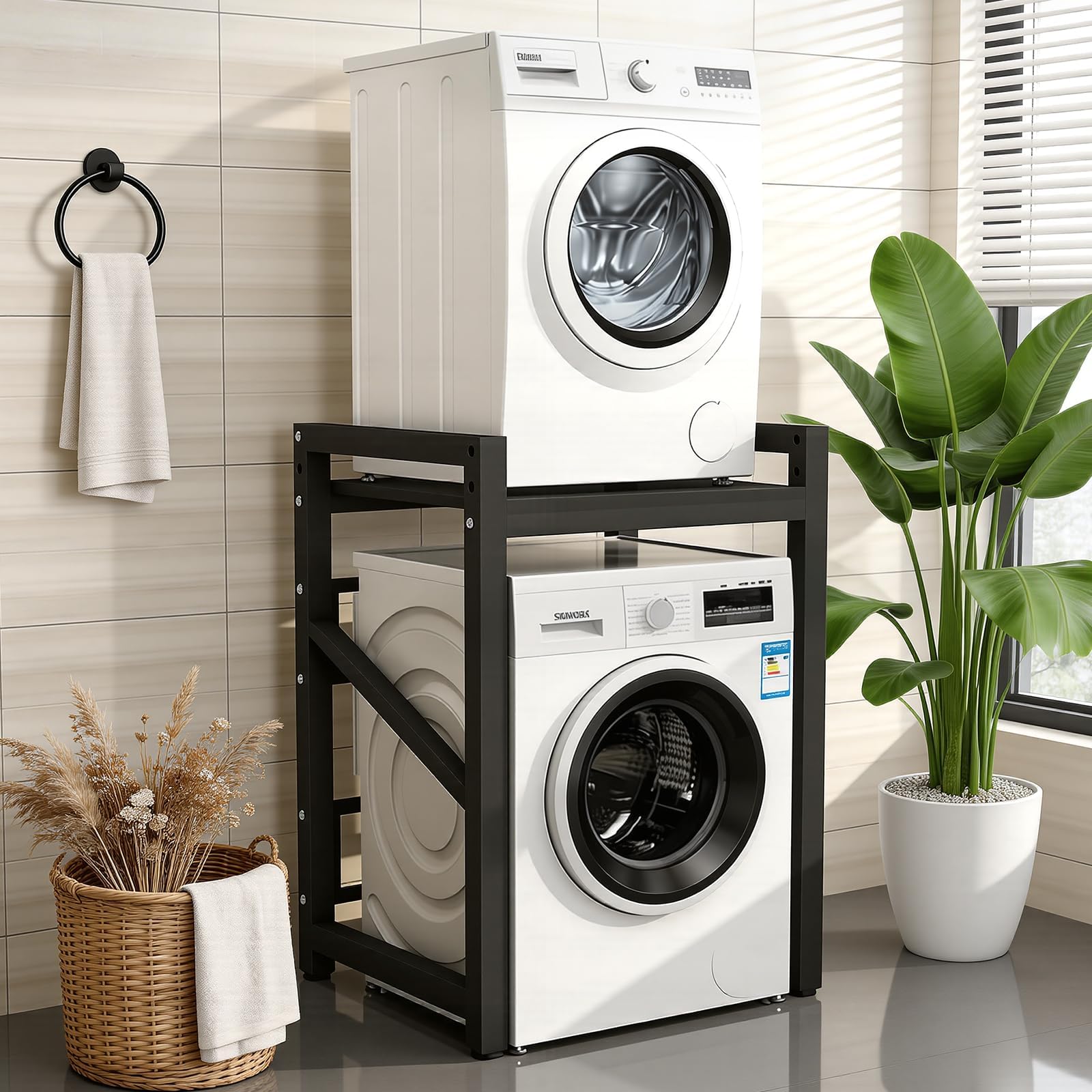 WUDLEP Washer Dryer Stand Stacking Kits, Height Adjustable Tumble DryerStand, Space Saving Pedestal Washing Machine Rack,for Bathrooms, Laundry and Kitchen (black)