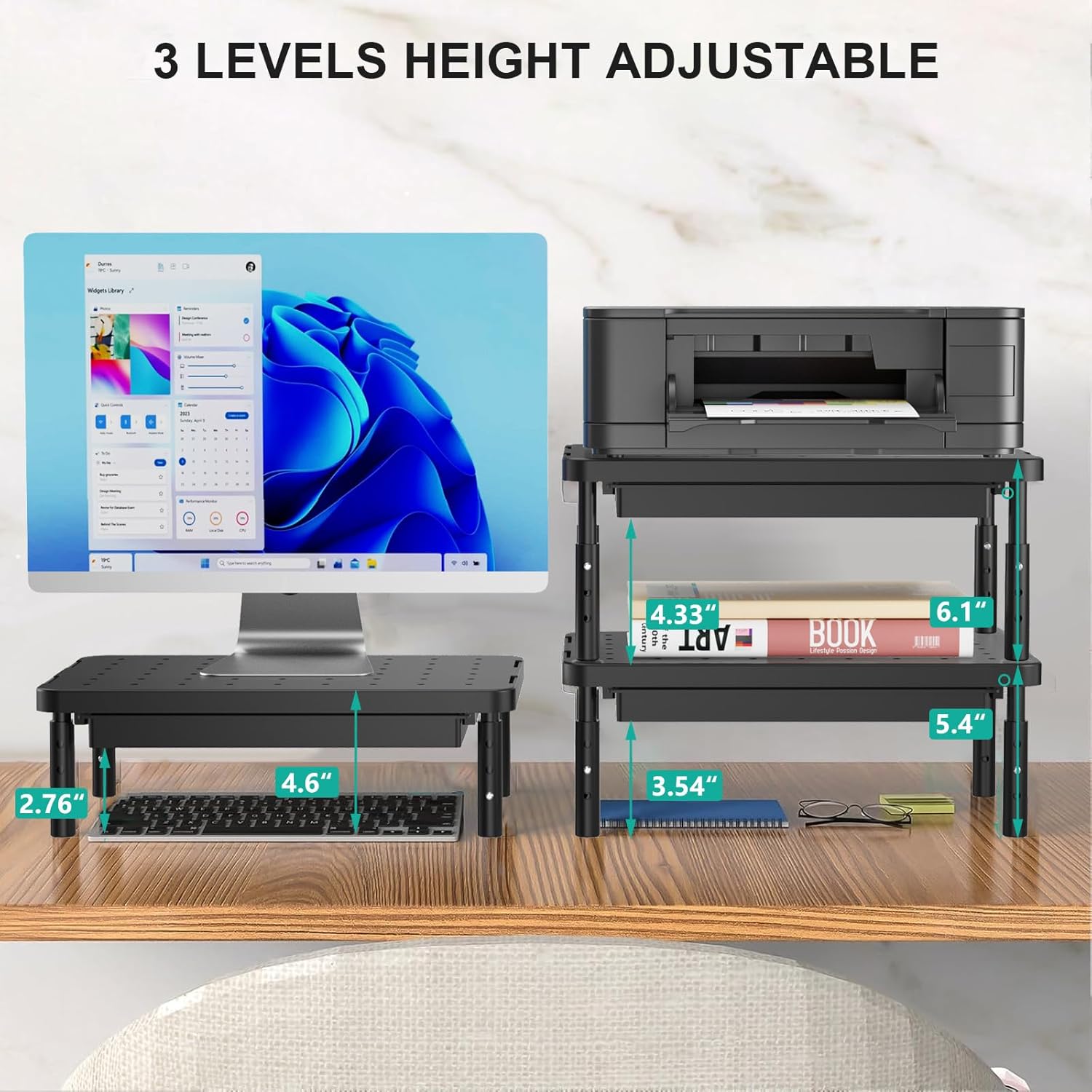 WALI Computer Monitor Stand with Storage, Desk Monitor Riser 3 Height Adjustable, Laptop Riser with Airflow Vents, Desk Organizer for Computer, Laptop, Printer (PTT002-B), 1 Pack, Black