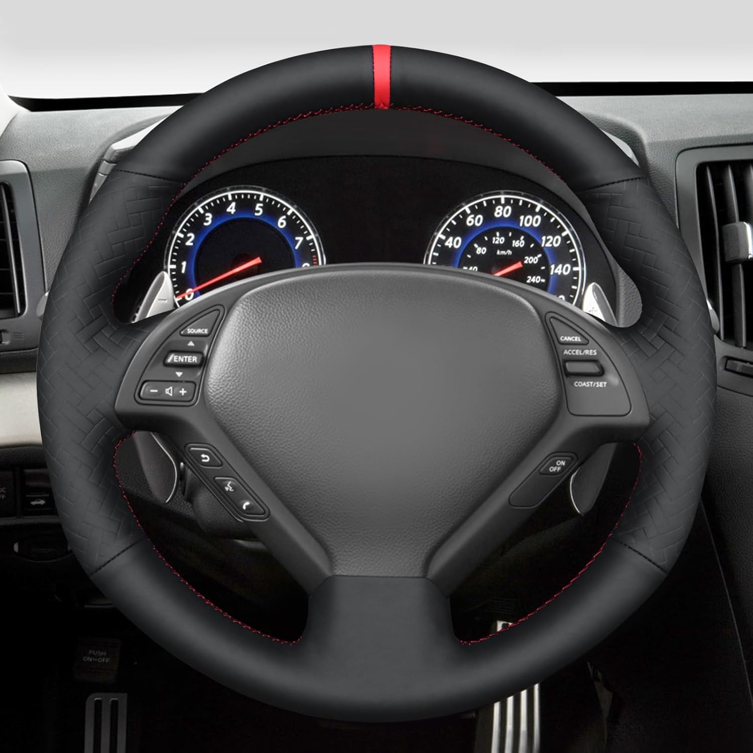 MEWANT Hand Stitch Black Smooth Embossed Faux Leather Steering Wheel Cover for Infiniti G25 G35 G37 EX35 EX37 Q60 QX50