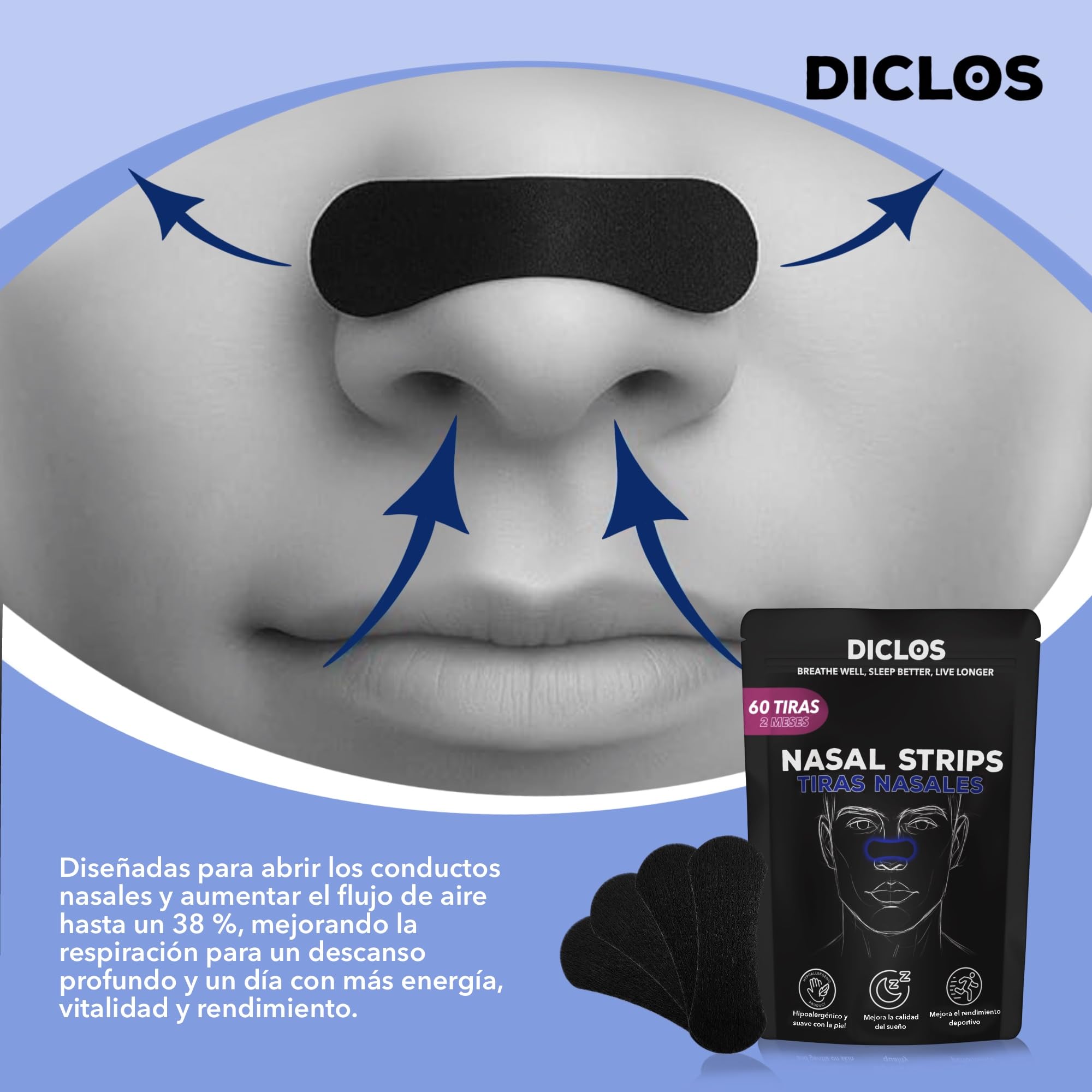 PACK 60 TIRAS NASALES Deportivas. Nasal Strips. Tiras Nasales Antirronquidos para Dormir .Nose Strips. Respirar Mejor por la Nariz. Nasal Strips. Tiritas Nariz Respirar. No mas Ronquidos.