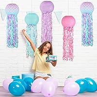 Vista 3 de Decoraciones de cumpleaños de sirena, linternas de papel de medusas rosadas lavanda azul, escamas de sirena colgantes en forma de linterna