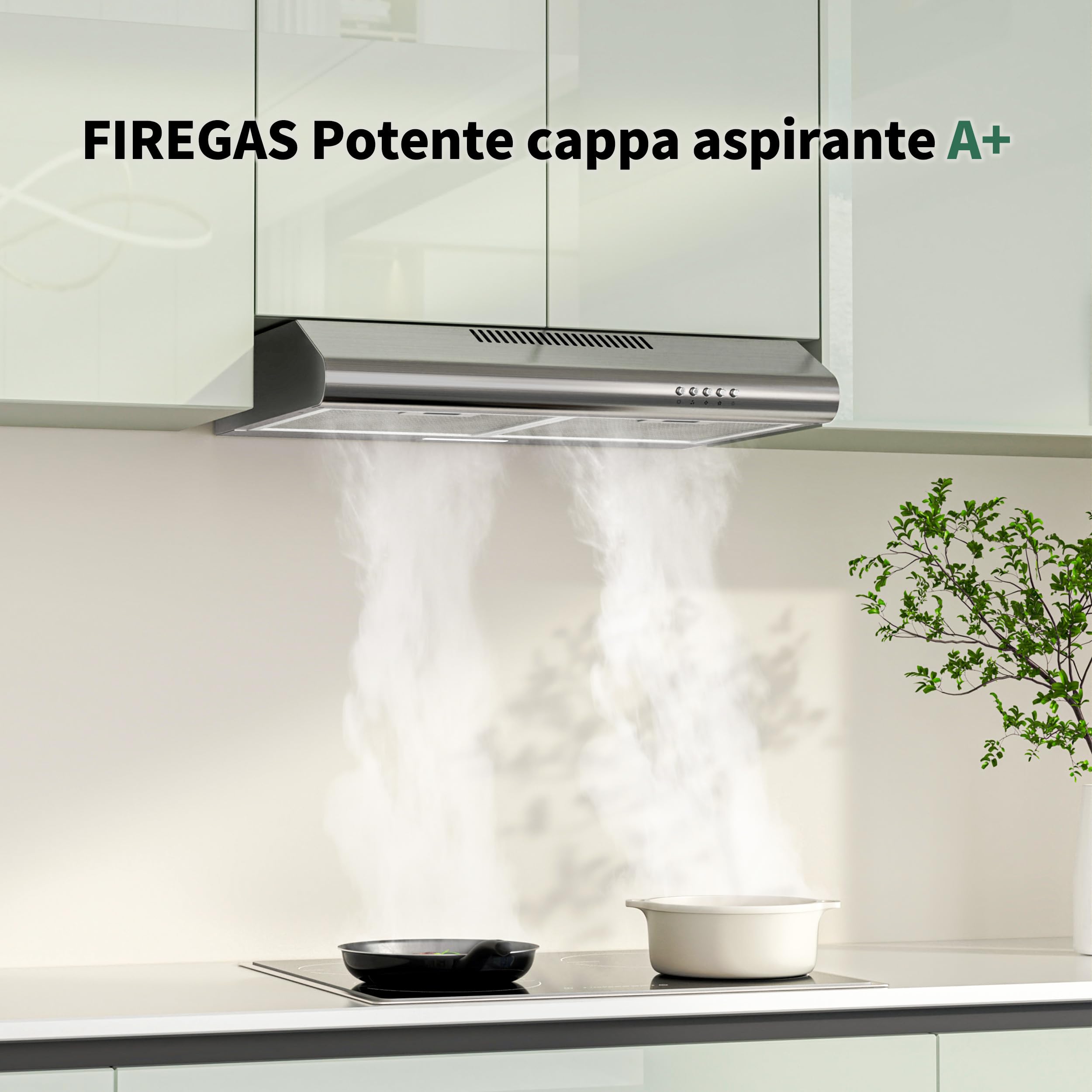 FIREGAS Cappa aspirante 60 cm, ricircolo e scarico, 250 m³/h, 3 livelli di potenza, con filtro a carbone, efficienza energetica A +, silenziosa, illuminazione a LED, acciaio inox