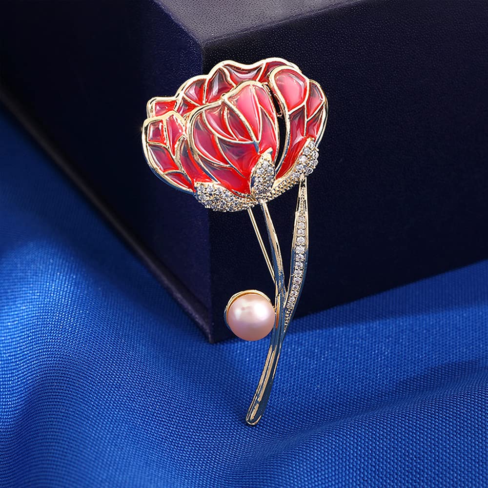LYGXWJFC Broszki dla kobiet, Vintage różowa emaliowana broszka z kwiatem Pin damska z broszką z imitacji perły
