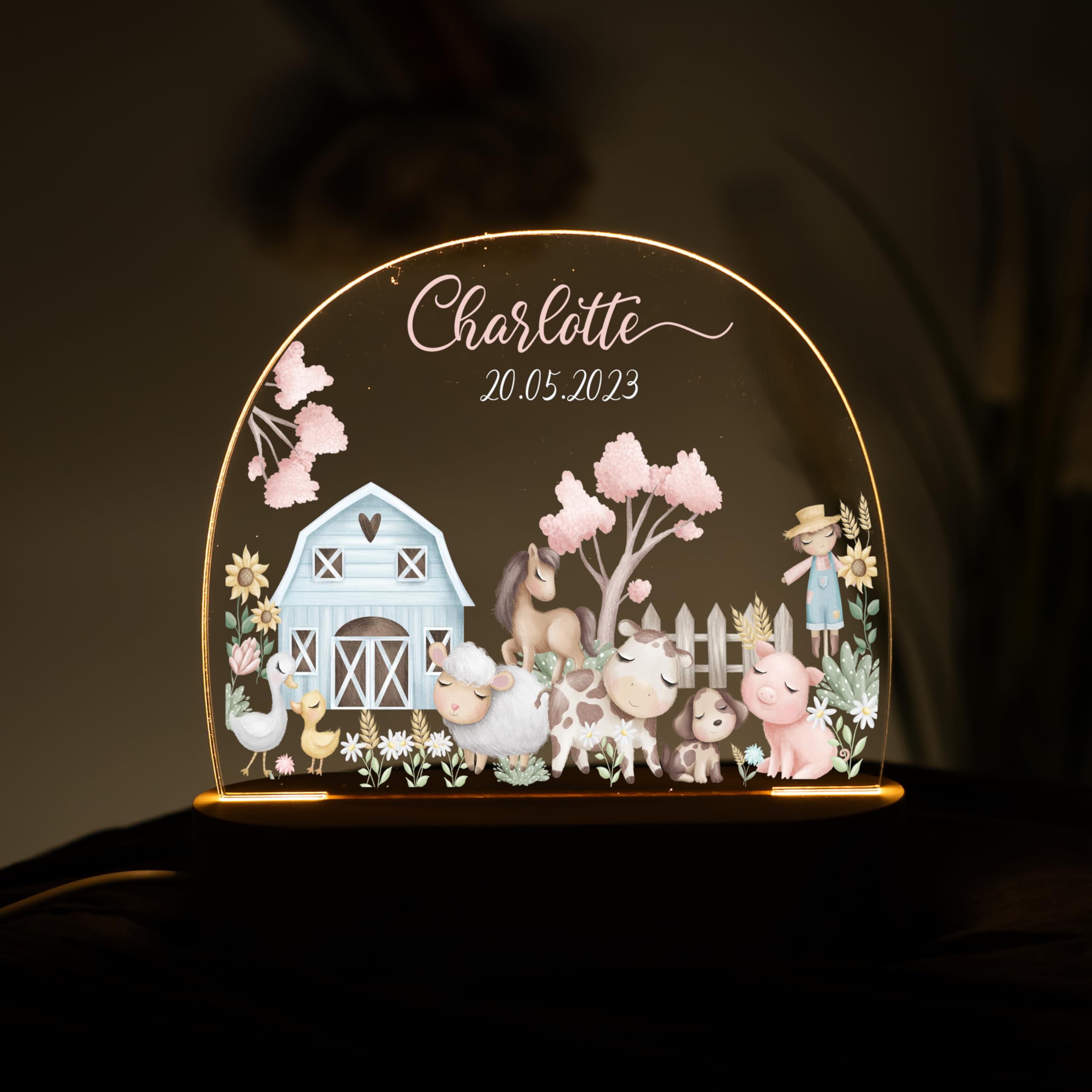 Kidsmood Personalisiertes Nachtlicht Baby mit Namen - Stilllicht Kinder LED, dimmbar, Holz - Babygeschenk Geburt, Taufgeschenk Mädchen Jungen, Kinderzimmer Lampe & Schlummerlicht [Bauernhof Freunde]