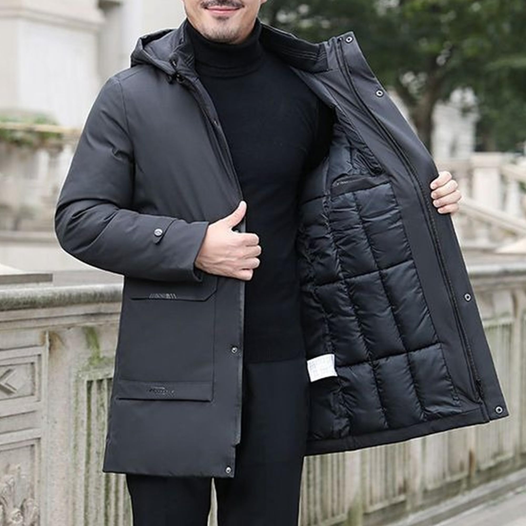 Męski izolowany długi płaszcz zimowy ciepły z kapturem bardzo długa parka kurtka pogrubiony pikowany wyściełany trencz