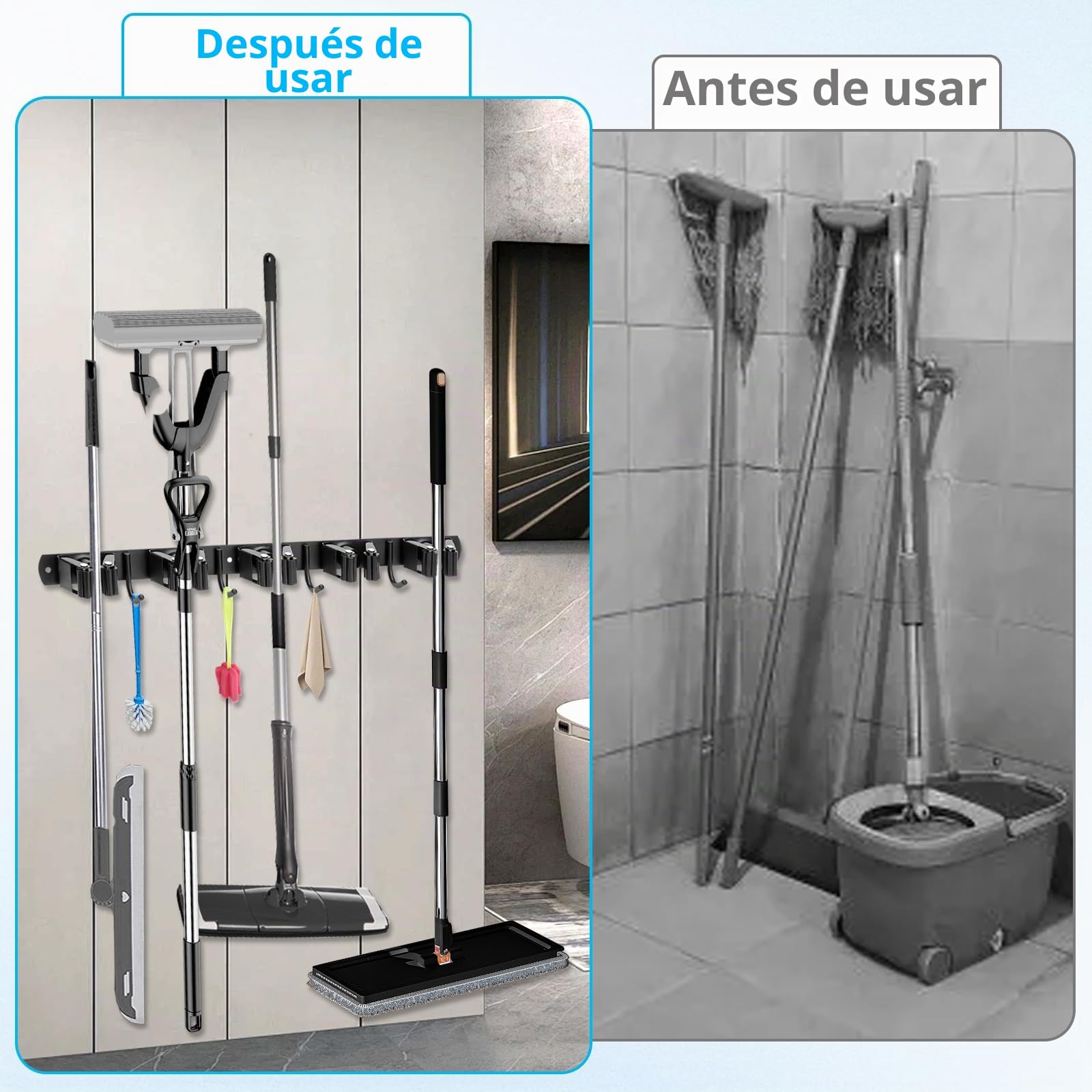 2 Piezas Colgador Escobas y Fregonas, 5 Soportes y 4 Ganchos Negros, Sujeta Escobas Pared, Organizador Colgador de Fregonas para Cocina, Baño, Garaje, Jardín, Cuelga Escobas Pared Pesado