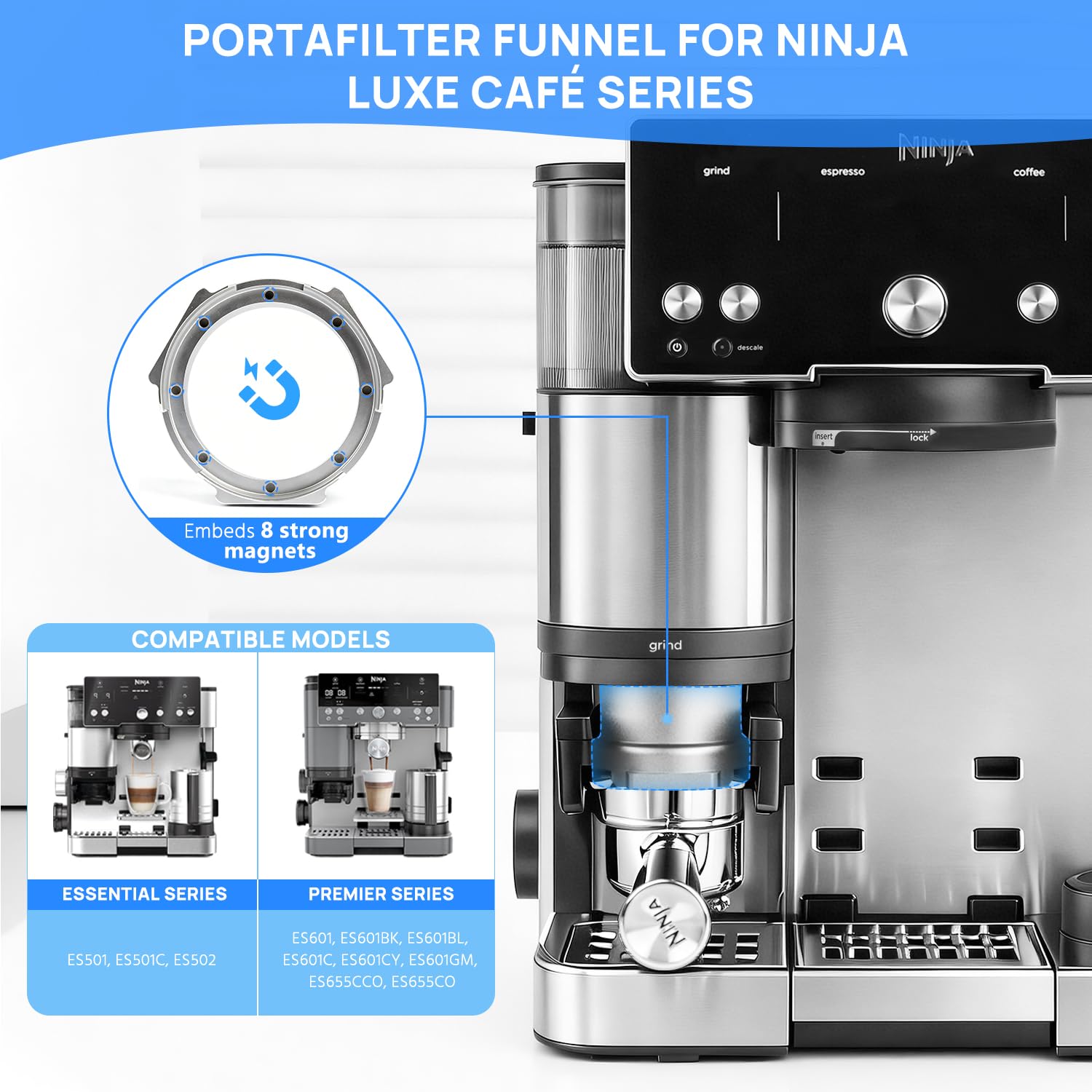 Magnetisch Siebträger Funnel für Ninja Luxe Café Premier Series ES601 | Upgrade Ersatz-Dosiertrichter aus Aluminiumlegierung (Silber)