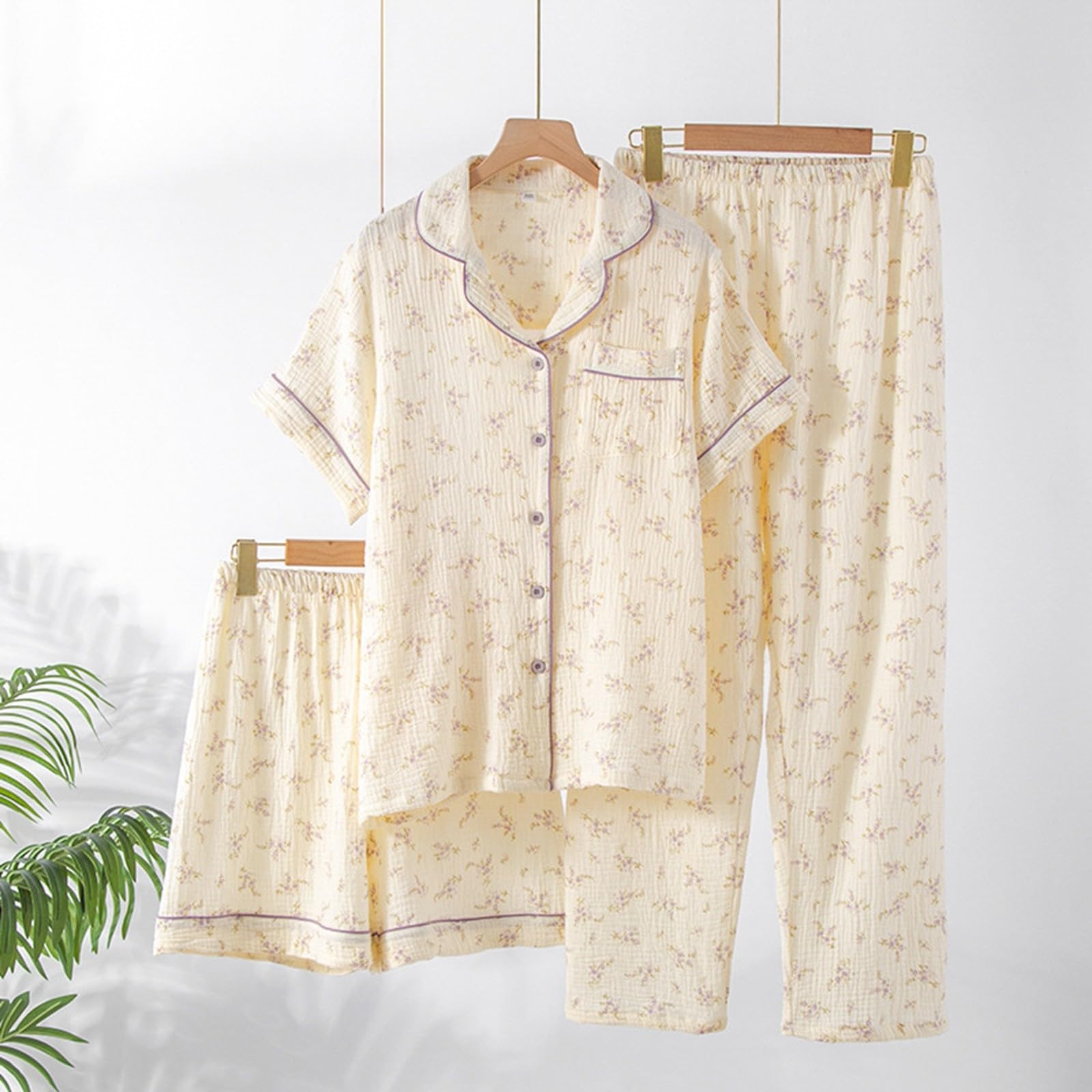 Pijama Mujer Verano,Conjunto De Pijama para Mujer, Manga Corta, Pantalones Largos, Ropa De Dormir Antiarrugas, Ropa De Estar por Casa para Primavera, Verano Y OtoñO, Comodidad En El Hogar.