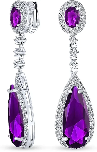 Statement Teardrop Cubic Zirconia AAA CZ Dangle Chandelier Screw Clip On Earrings For Women Silver Plated More Colors