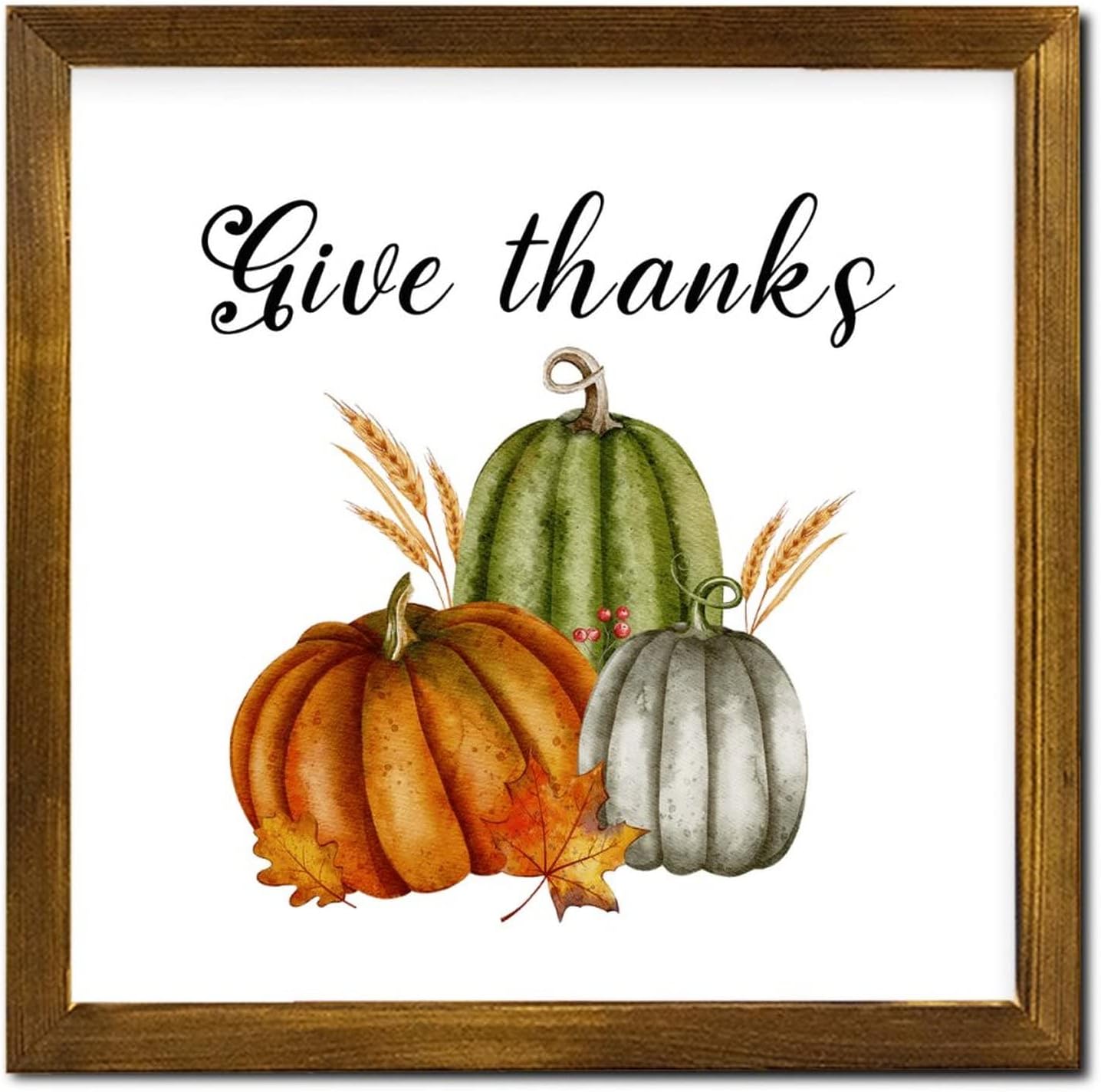 Give Thanks Framed Wooden Signs Fall Pumpkin Maple Leaves Wooden Plaque Vintage Farm Harvest Wood Decor Farmhouse Wall Hanging Plaque for Home Restroom Bathroom Toilet Kitchen 12x12 inch