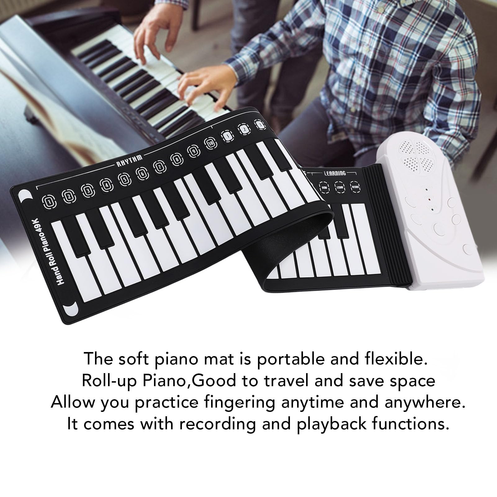 Roll Up Keyboard Piano, 49 Keys Portable Electronic Hand Roll Piano Keyboard, 16 Tones 10 Rhythms, Silicone Flexible Foldable Travel Piano Built in Speaker for Kids and Beginners