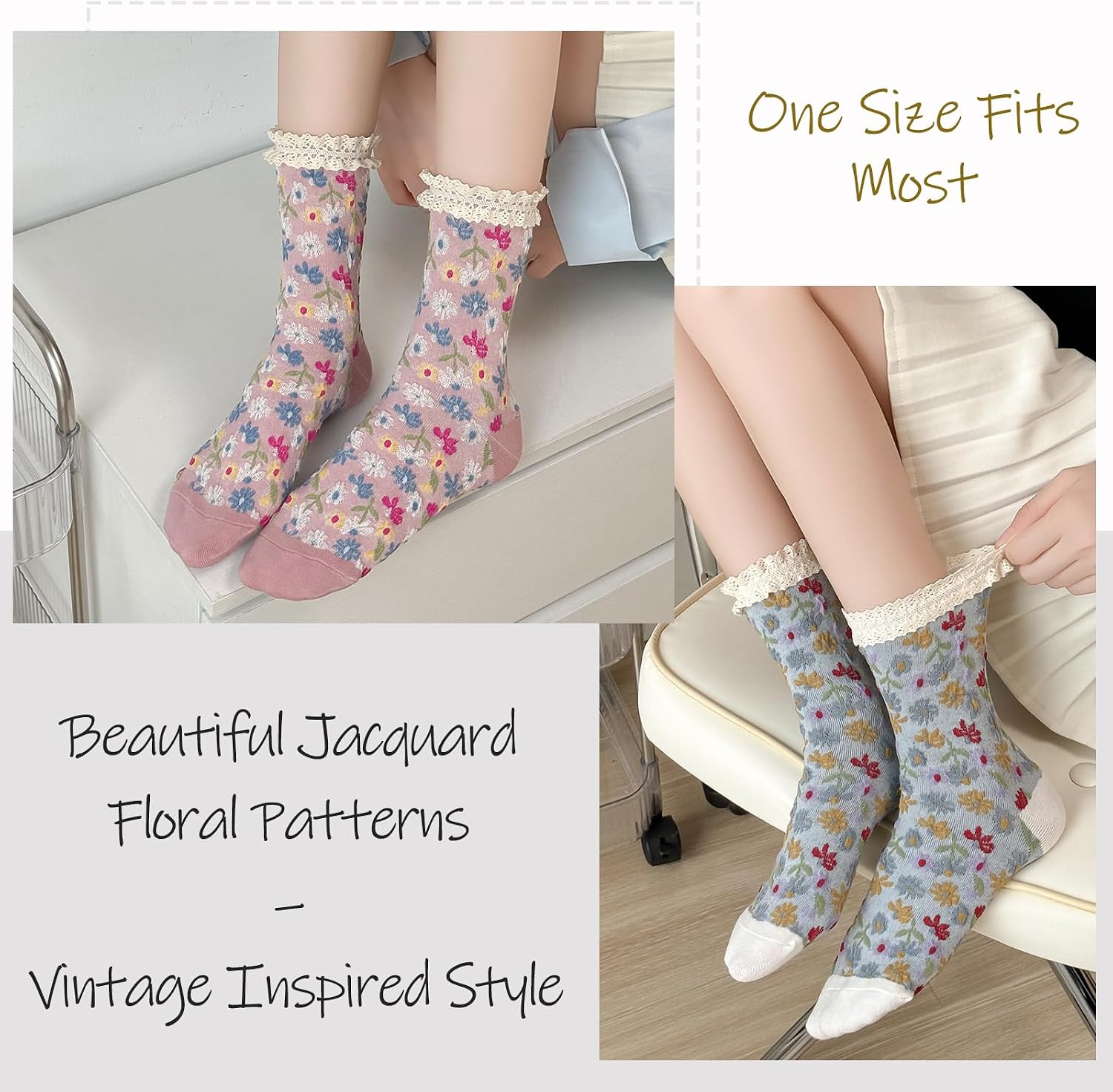 Women's Floral Embroidered Cotton Crew Socks, 5 Pairs Lace Ruffle Vintage Cottagecore Cozy Dress Socks