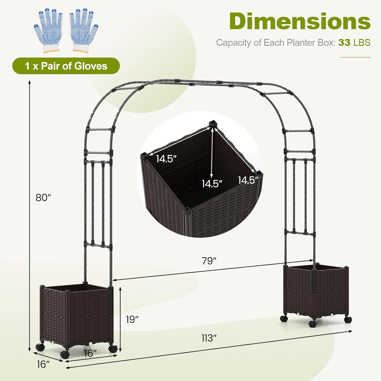Happygrill 80" Garden Arch Trellis, Metal Archway Pergola with 2 Planter Boxes, Detachable PE-Coated Metal Tubes, Self-Watering System & Lockable Wheels, Outdoor Arbor for Climbing Plants