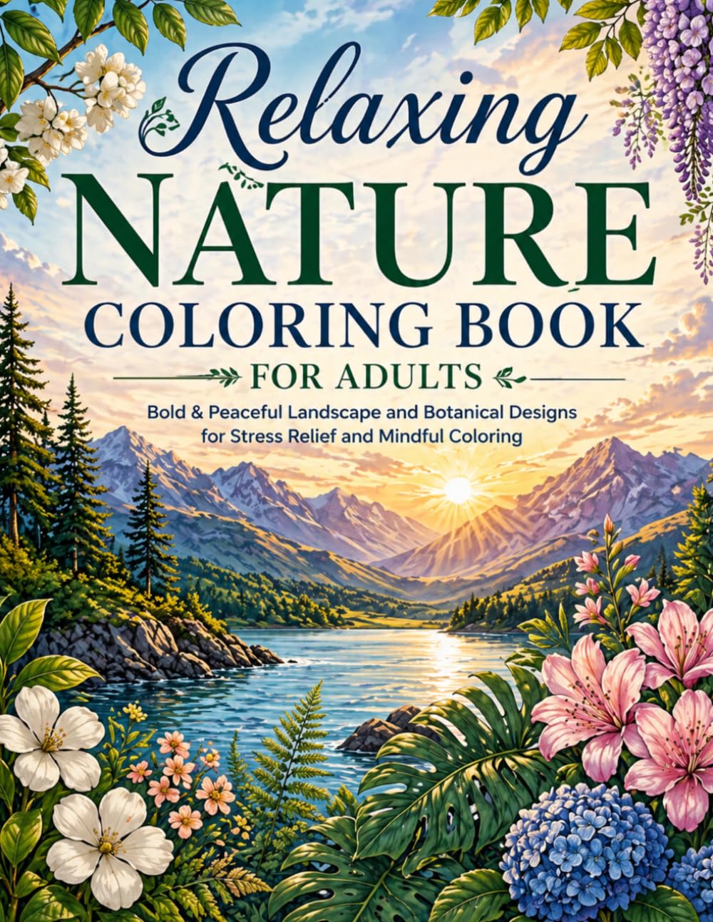 Relaxing Nature Coloring Book for Adults: Bold & Peaceful Landscape and Botanical Designs for Stress Relief and Mindful Coloring (Calm & Color Stress ... Scenes, Stained Glass and Mindful Patterns)