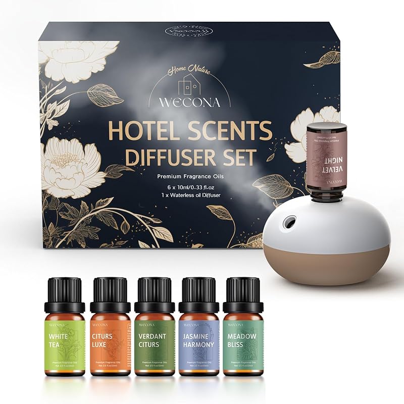 Difusor sin agua recargable sin agua – Juego de difusor de colección de hotel con 6 aceites esenciales de hotel – Dos modos de intensidad – Máquina de fragancia para el hogar y la oficina