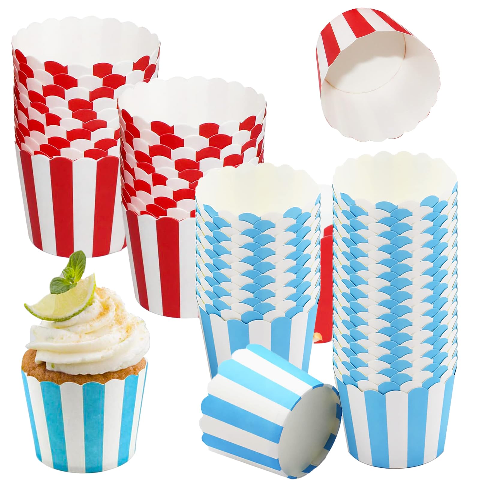 Pirottini Per Cupcake In Carta 100 Pezzi - Rossi E Blu, A Strisce, 7x5,5 Cm, Perfetti Per Compleanni E Feste