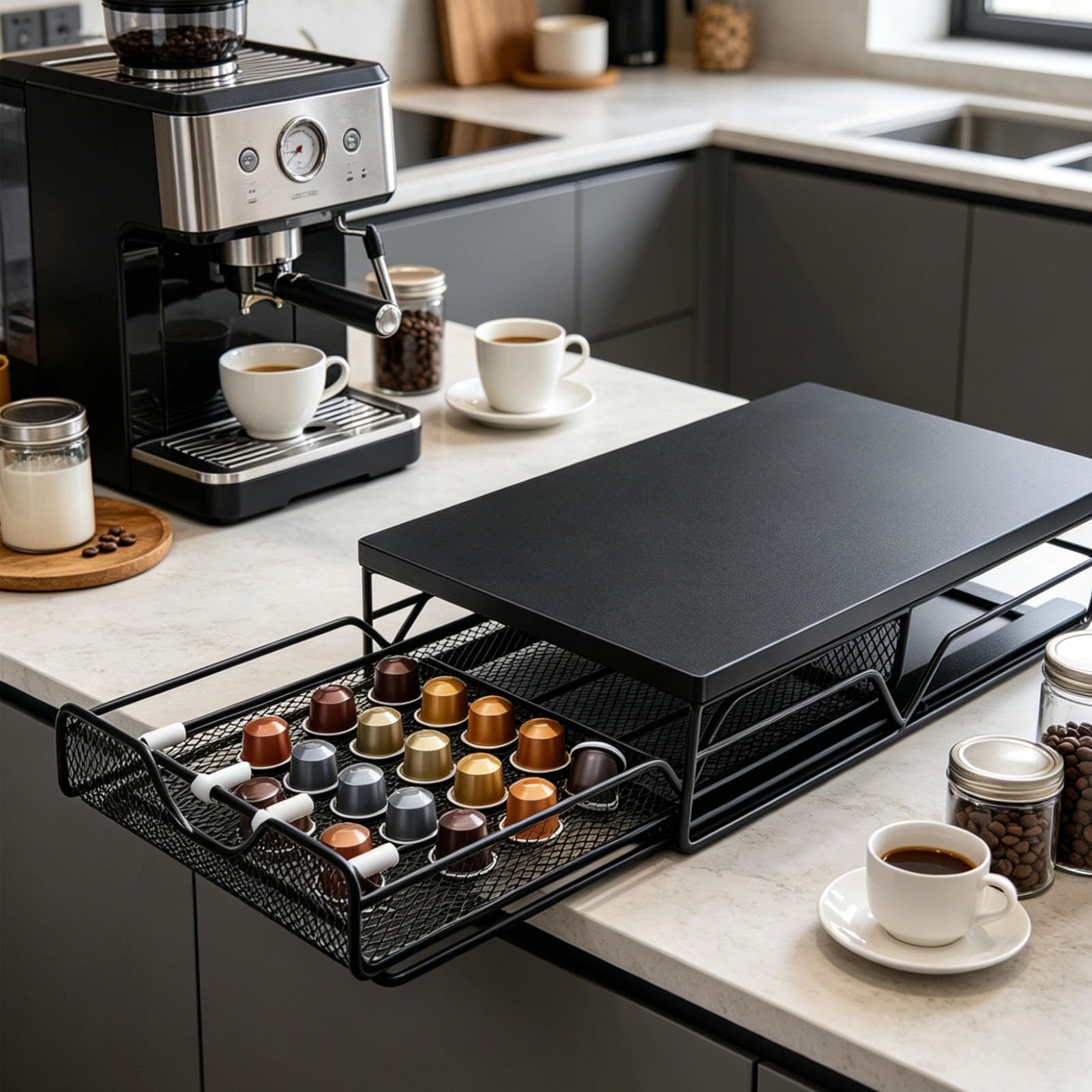 RIZGHWOY Portacapsule per caffè, Organizer per Cassetti di Grande capacità con Divisore Rimovibile, Design Scorrevole e Liscio per L'uso Al Bancone (BLACK)