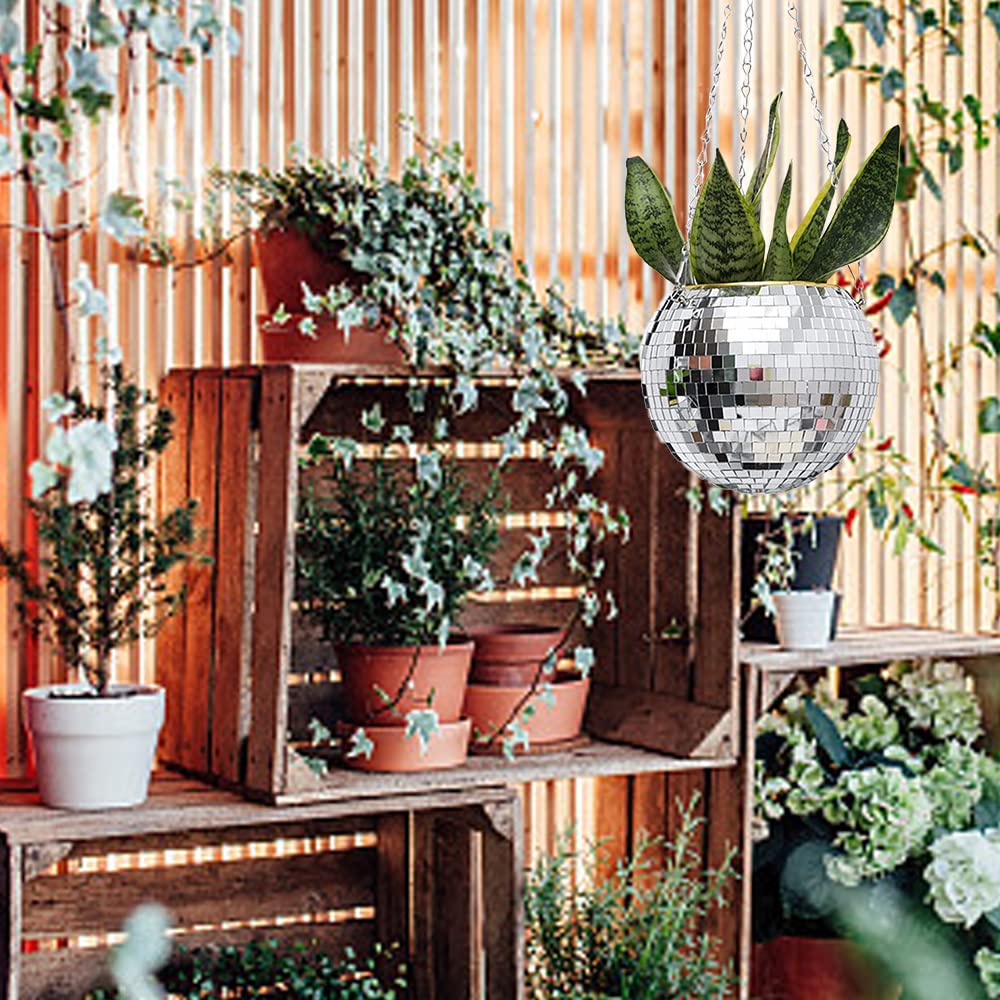 15cm Planteur de Boule de Disco,Pot de Fleurs Boule à Facettes avec Chaîne et Corde en Macramé, Boho Macramé Plante Cintre pour Intérieur Extérieur Maison Jardin Jardinière Décor