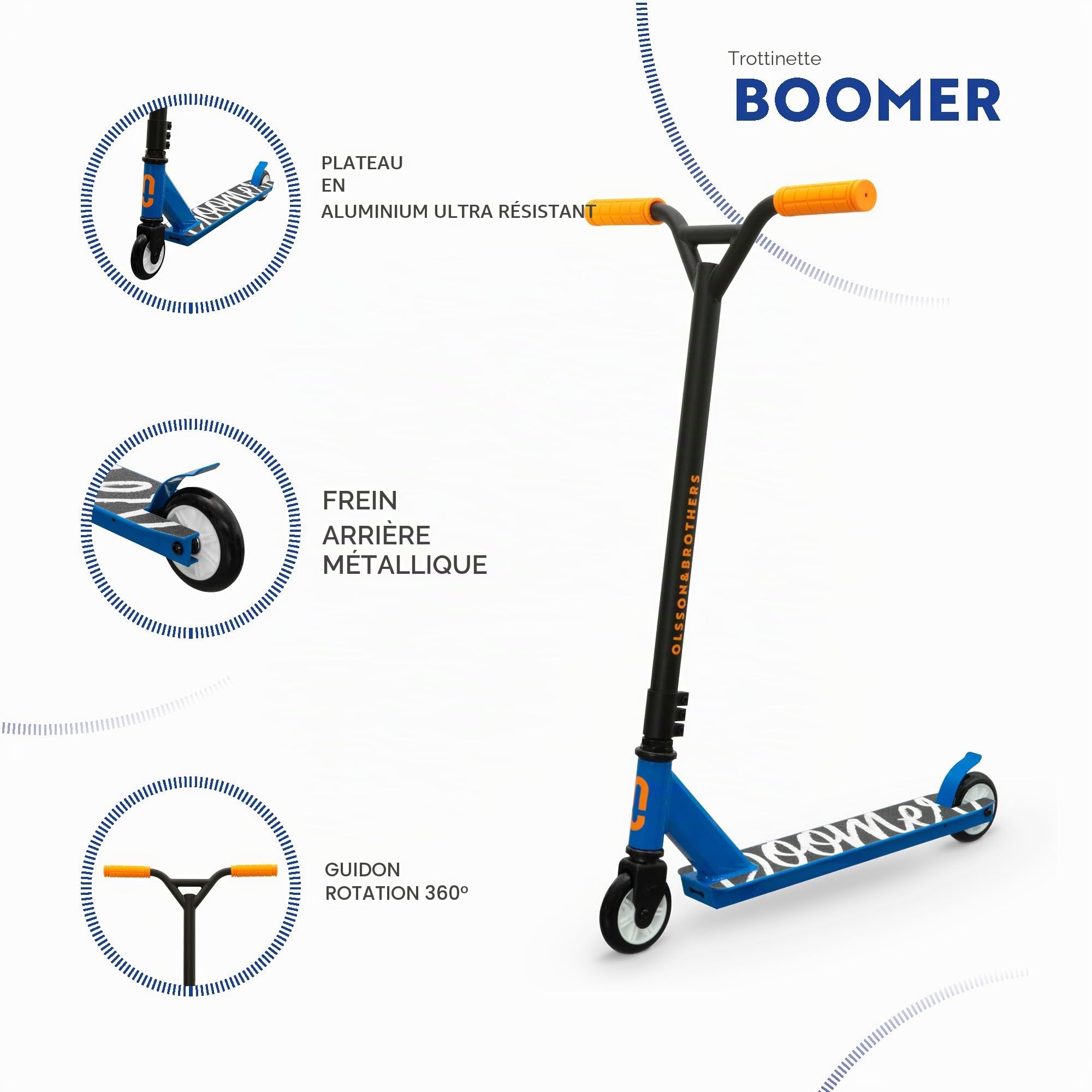 OLSSON Trottinette Freestyle pour Enfant - Guidon pivotant à 360° - Hauteur Fixe 88 cm - Châssis léger et résistant 50% Aluminium/Acier - Pliable - Roues 200 mm PU - Roulements ABEC 9 - Frein Pied