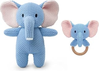 Okegztoa 10" Handmade Crochet Elephant Plush with Rattle - Soft Pure Cotton Stuffed Animal Toy for Newborns, Baby Showers & First Birthday Gifts